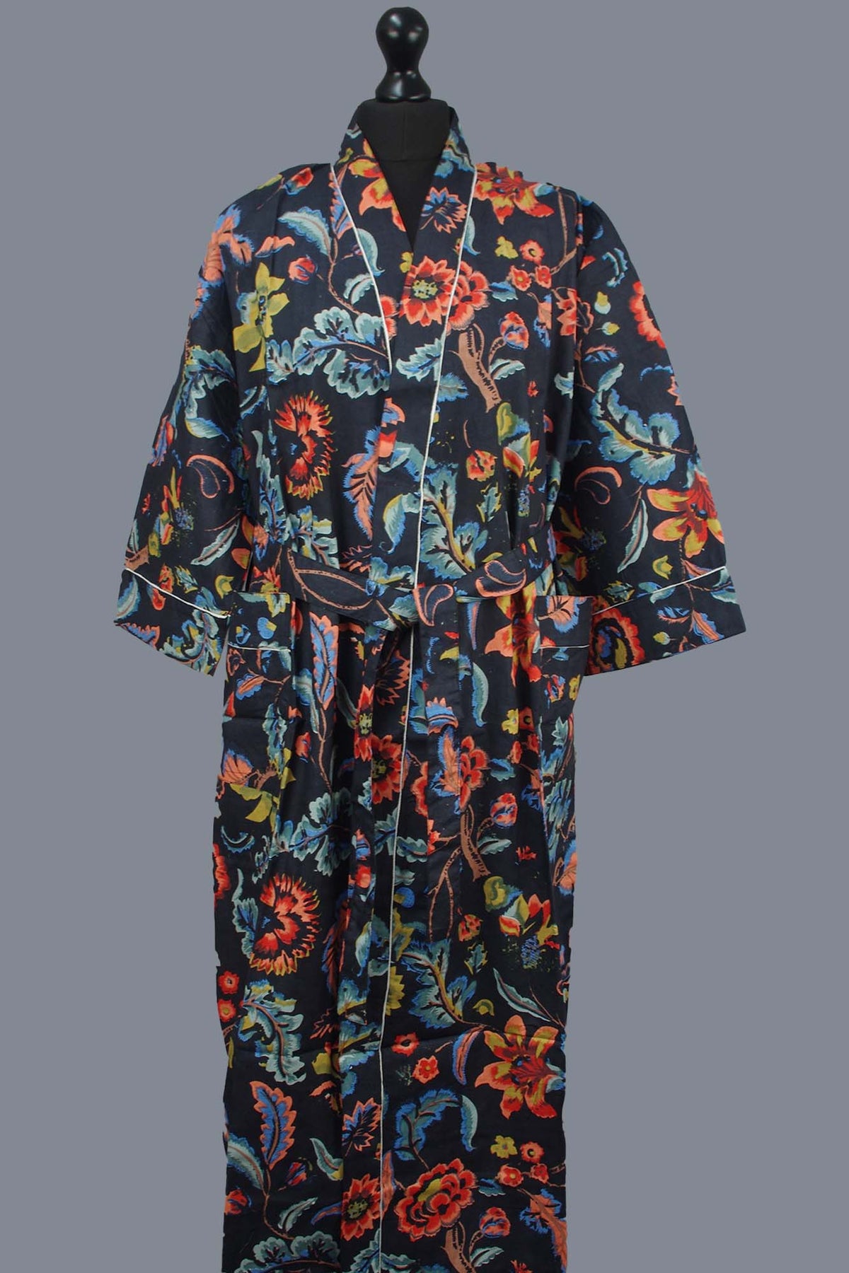 Black Paradise Bloom Print Cotton Kimono Dressing Gown