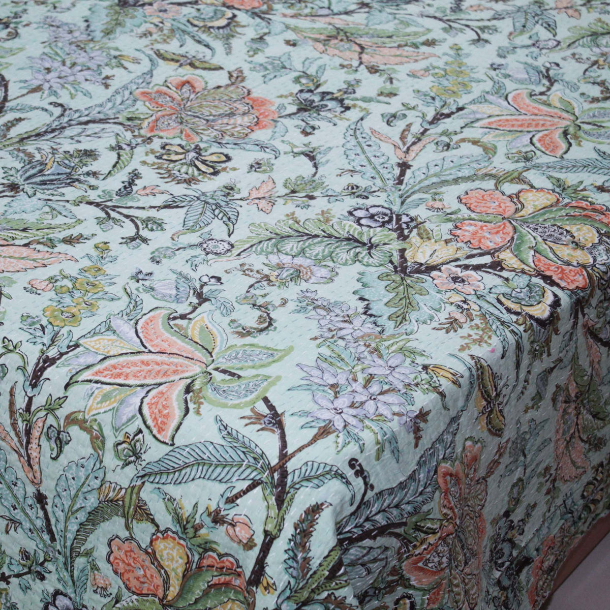 Tropischer Vogel Dunkelmarineblau Muster Baumwolle Queen Indian Boho Kantha Steppdecke, Tagesdecke KDQ57