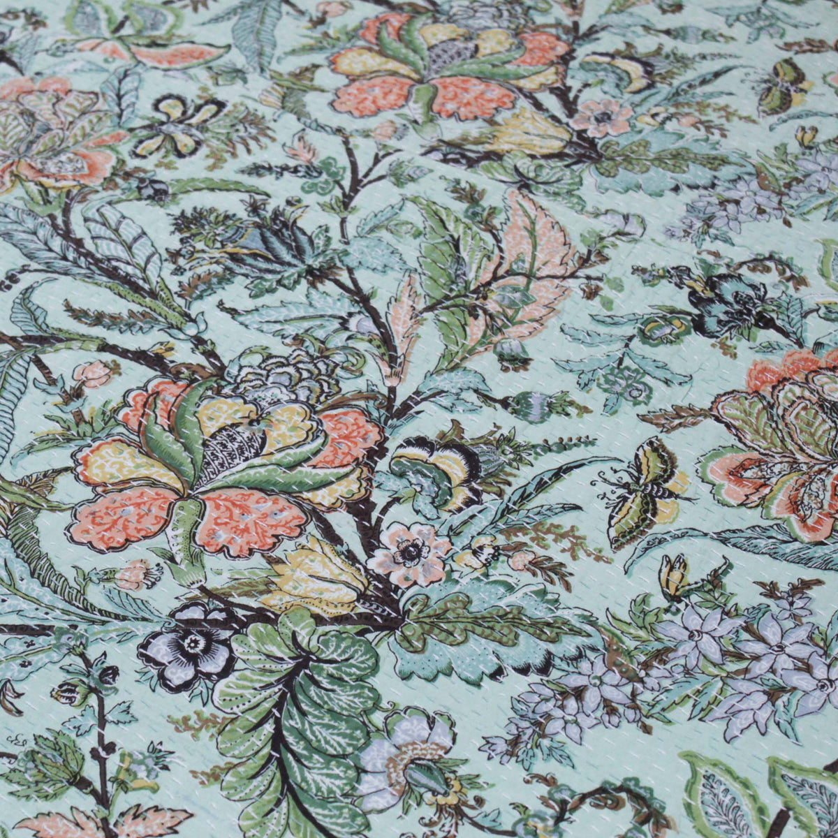 Tropischer Vogel Dunkelmarineblau Muster Baumwolle Queen Indian Boho Kantha Steppdecke, Tagesdecke KDQ57