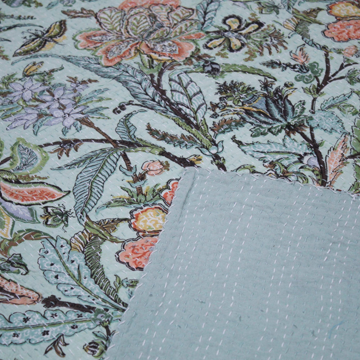 Summer Garden On Mint Colour Indian Cotton Queen Kantha Quilt