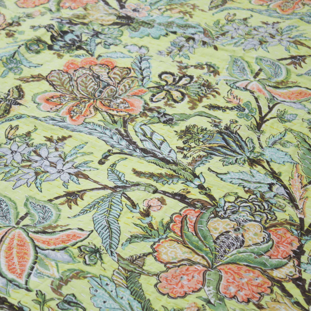 Tropischer Vogel Dunkelmarineblau Muster Baumwolle Queen Indian Boho Kantha Steppdecke, Tagesdecke KDQ57