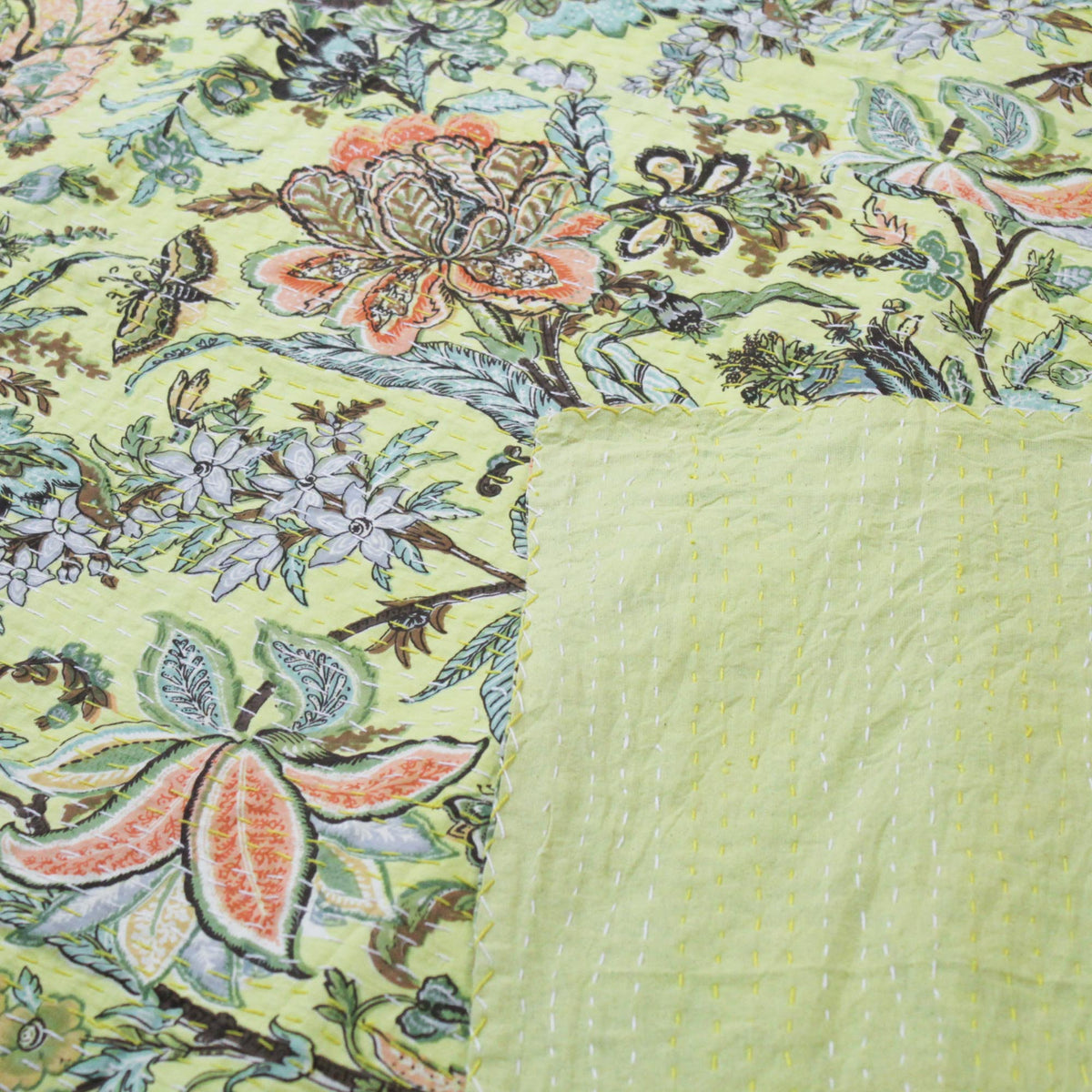 Summer Garden On Yellow Colour Indian Cotton Queen Kantha Quilt