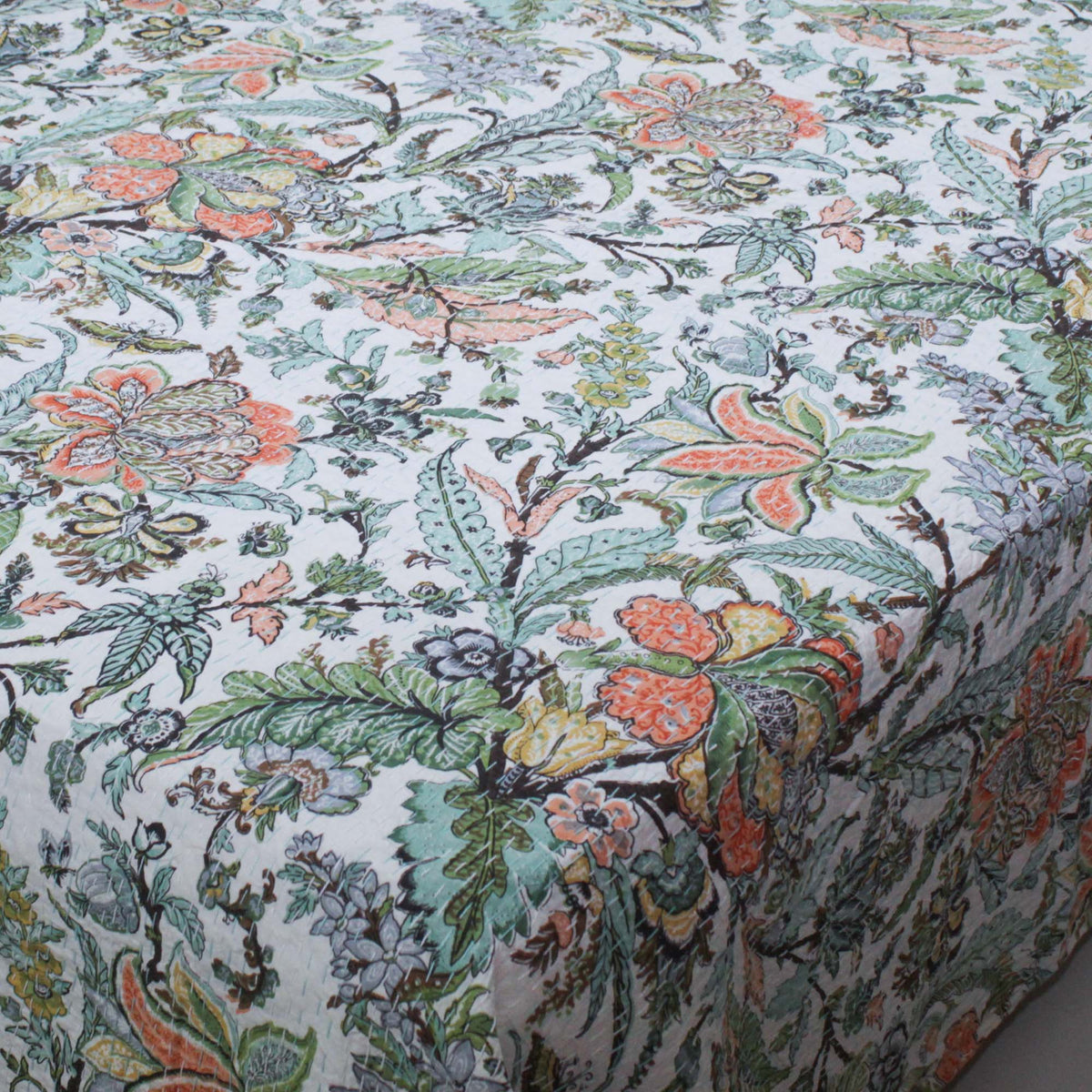 Tropischer Vogel Dunkelmarineblau Muster Baumwolle Queen Indian Boho Kantha Steppdecke, Tagesdecke KDQ57