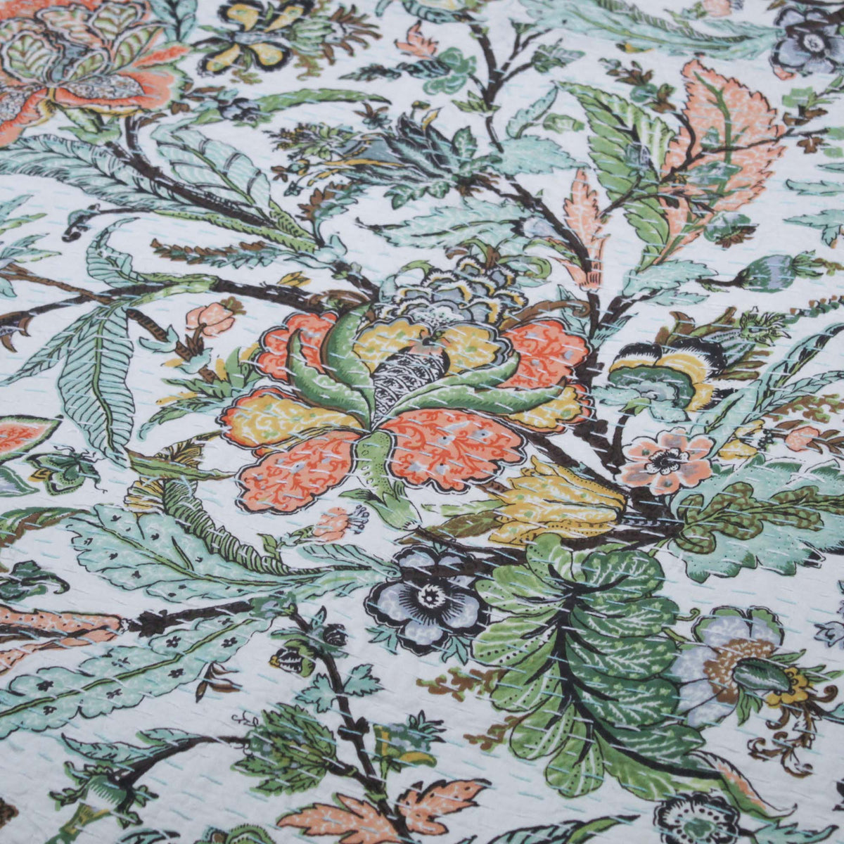 Tropischer Vogel Dunkelmarineblau Muster Baumwolle Queen Indian Boho Kantha Steppdecke, Tagesdecke KDQ57