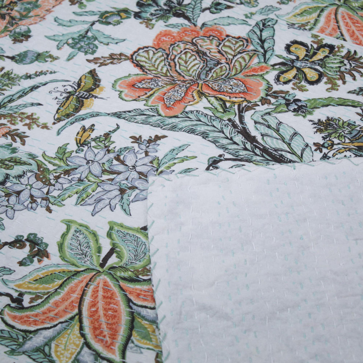 Tropischer Vogel Dunkelmarineblau Muster Baumwolle Queen Indian Boho Kantha Steppdecke, Tagesdecke KDQ57