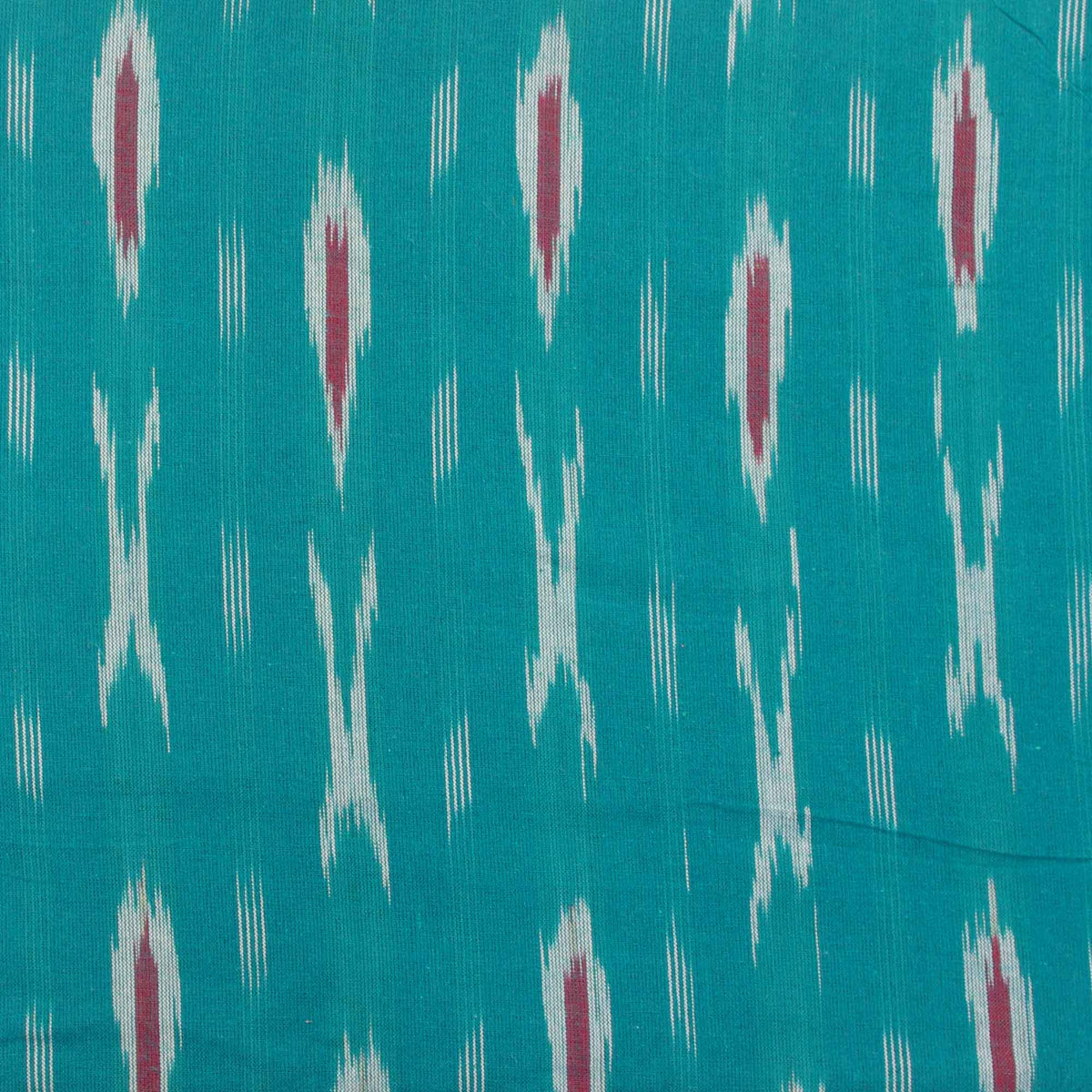 Ikat Hand Woven Cotton Fabric Design - Teal With Red & White Weaves