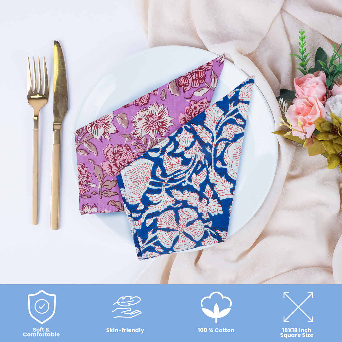 Set Of 10 Cotton Floral Dinner Napkins 18''