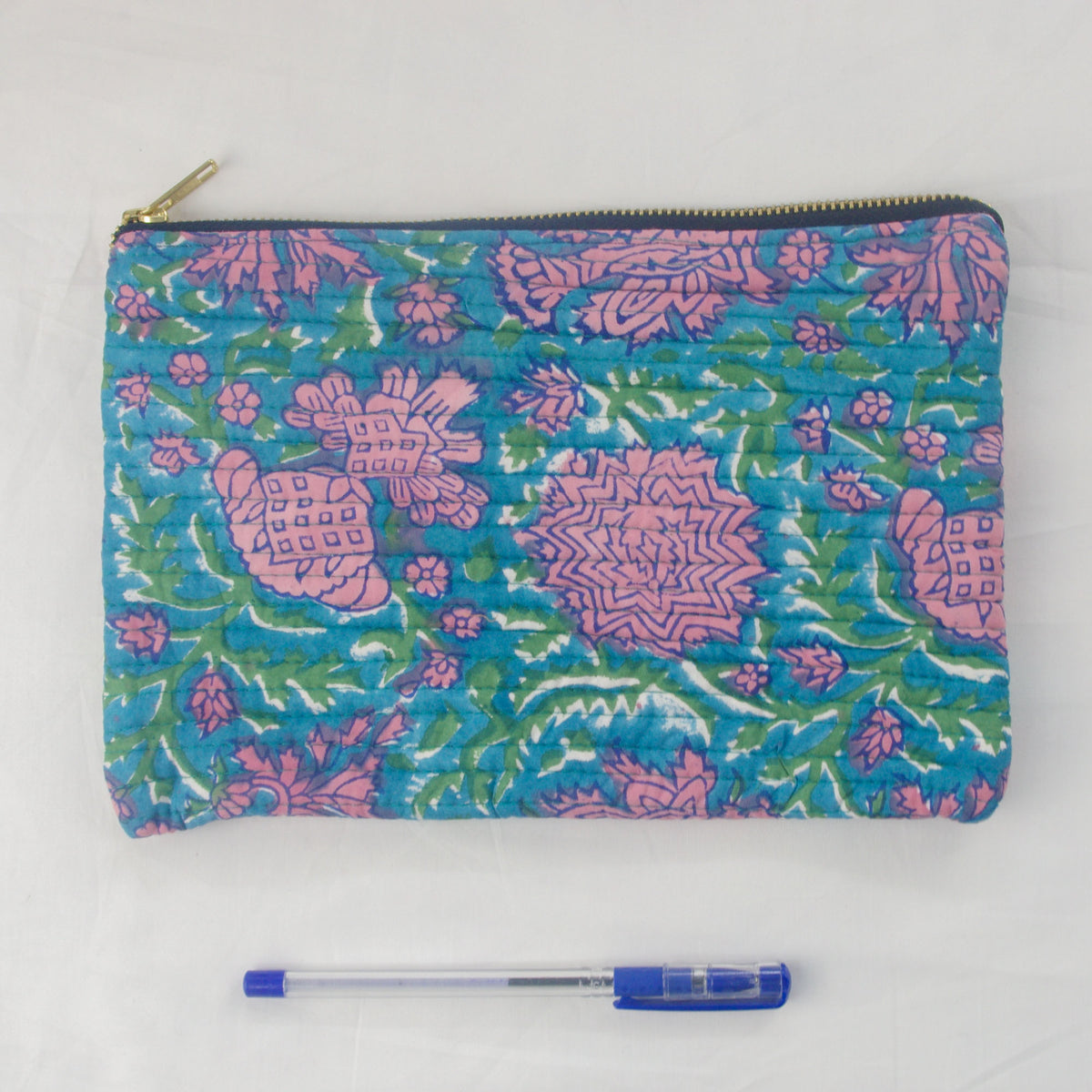Block Print Makeup Pouch or Pencil Case- Blue Pink Floral