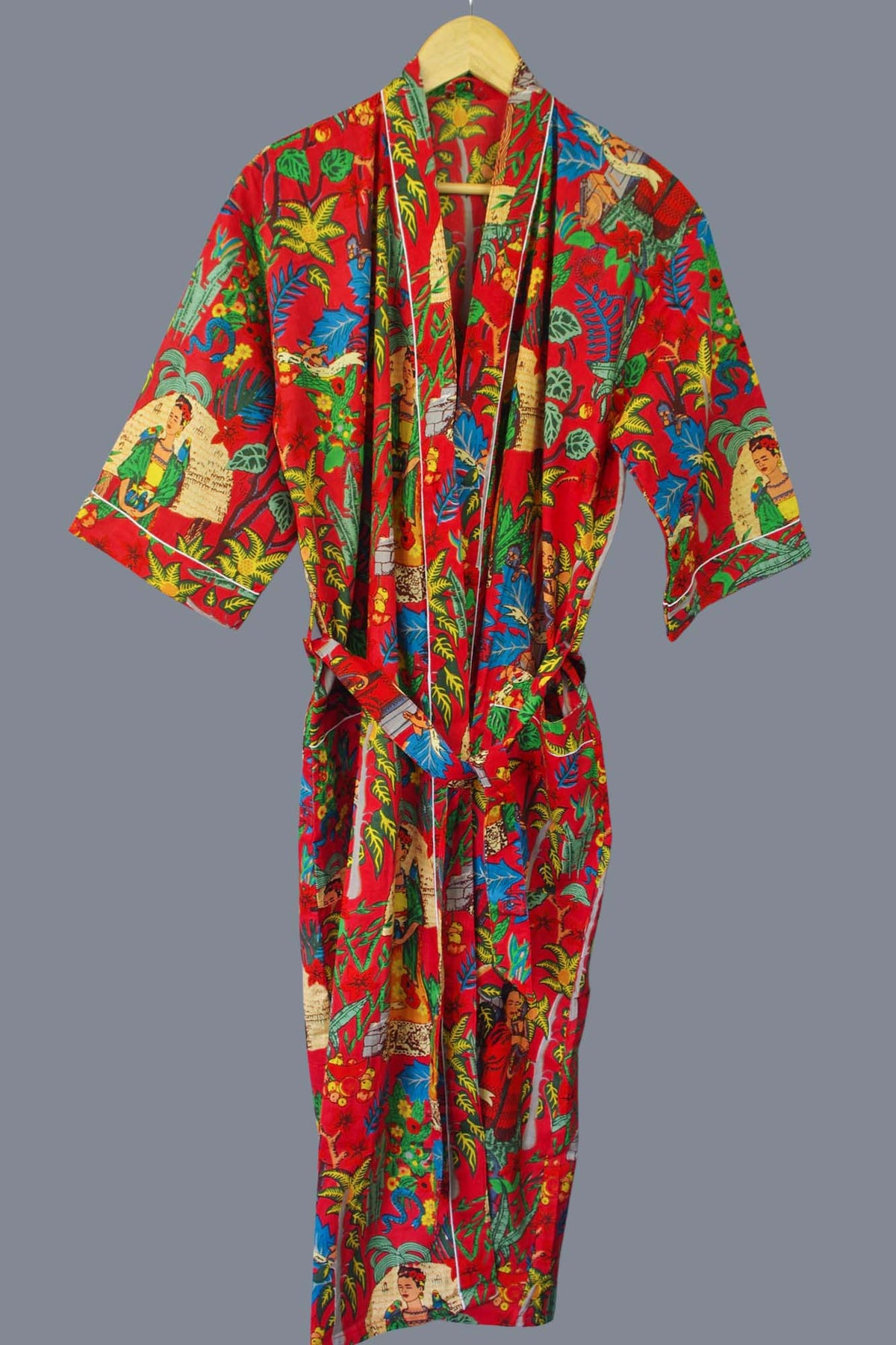 Roter Frida Kahlo Kimono-Bademantel aus Baumwolle mit Blumenmuster