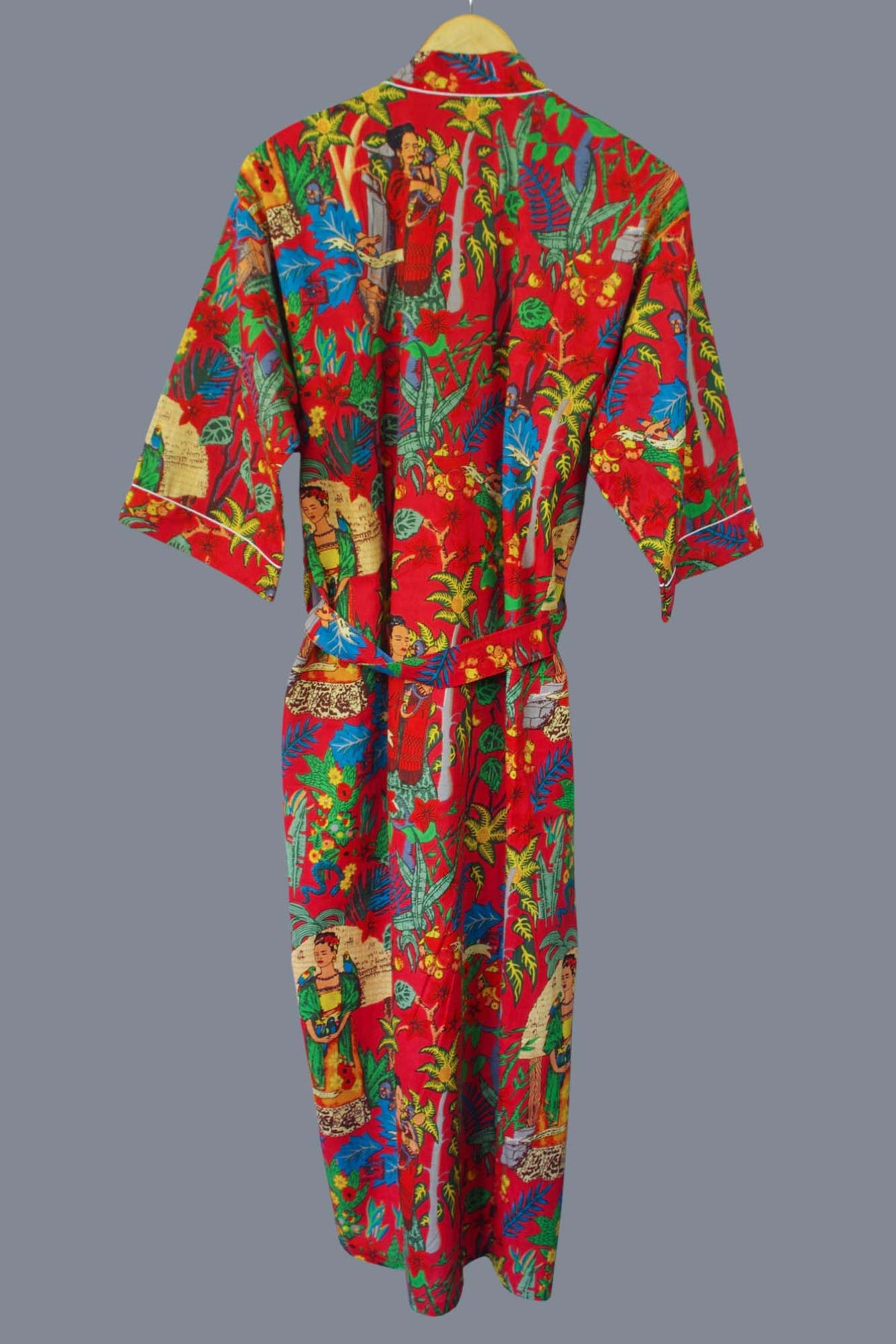 Roter Frida Kahlo Kimono-Bademantel aus Baumwolle mit Blumenmuster