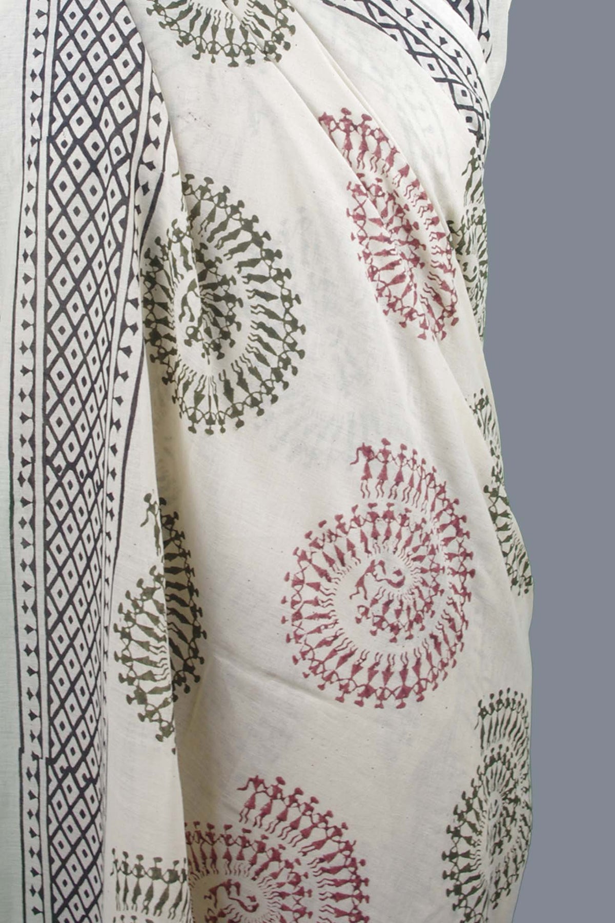 Bagru Beach Coverup Sarong Pareo - Warli Spiral Dance Beige