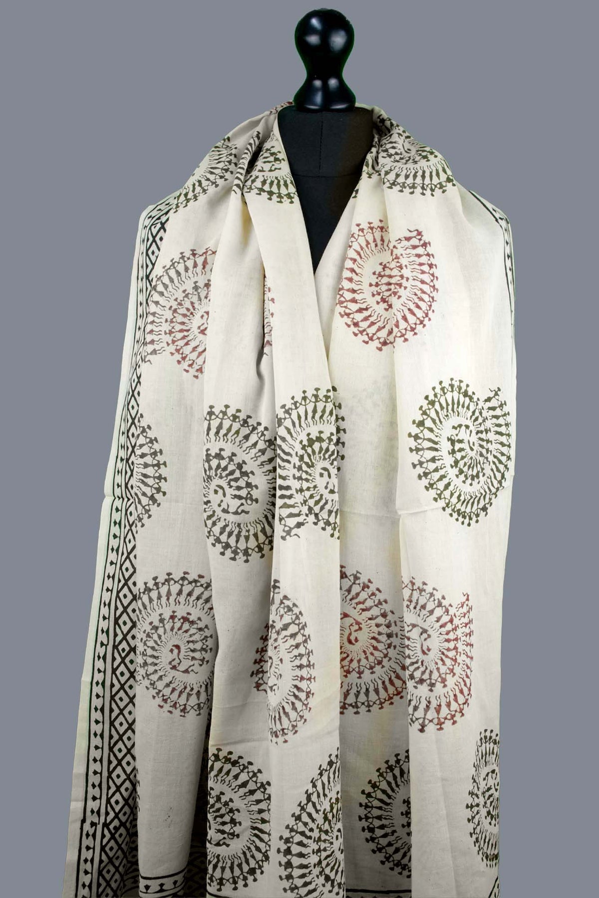 Bagru Beach Coverup Sarong Pareo - Warli Spiral Dance Beige