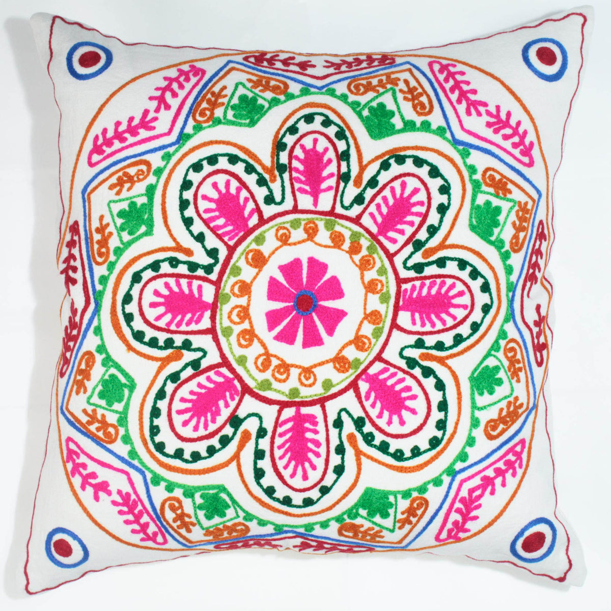 Suzani Woolen Embroidered Cotton Cushion Cover - White