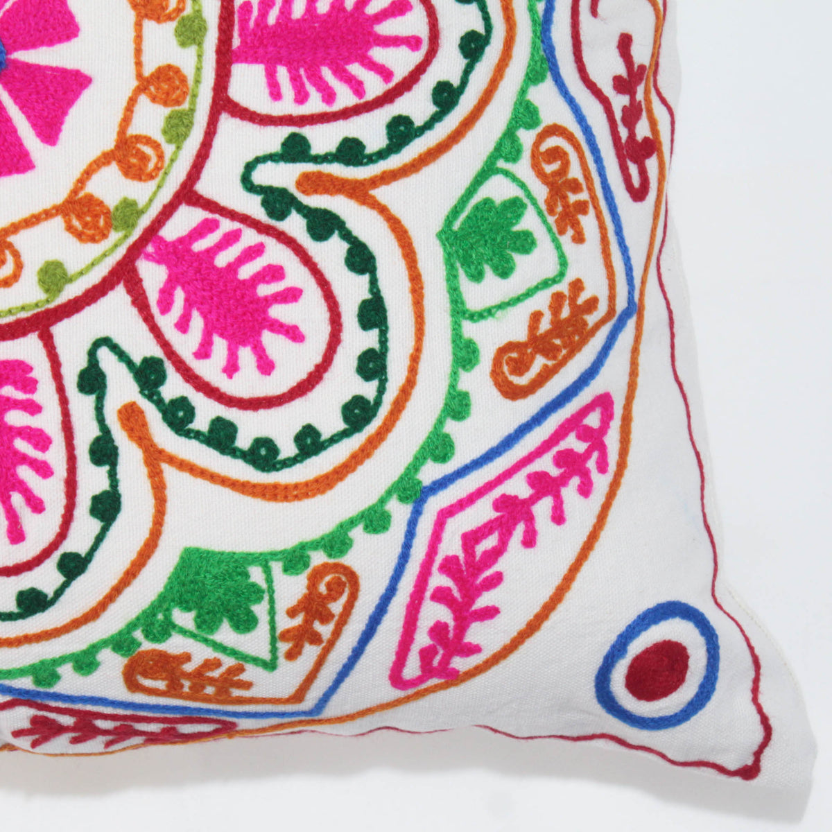 Suzani Woolen Embroidered Cotton Cushion Cover - White