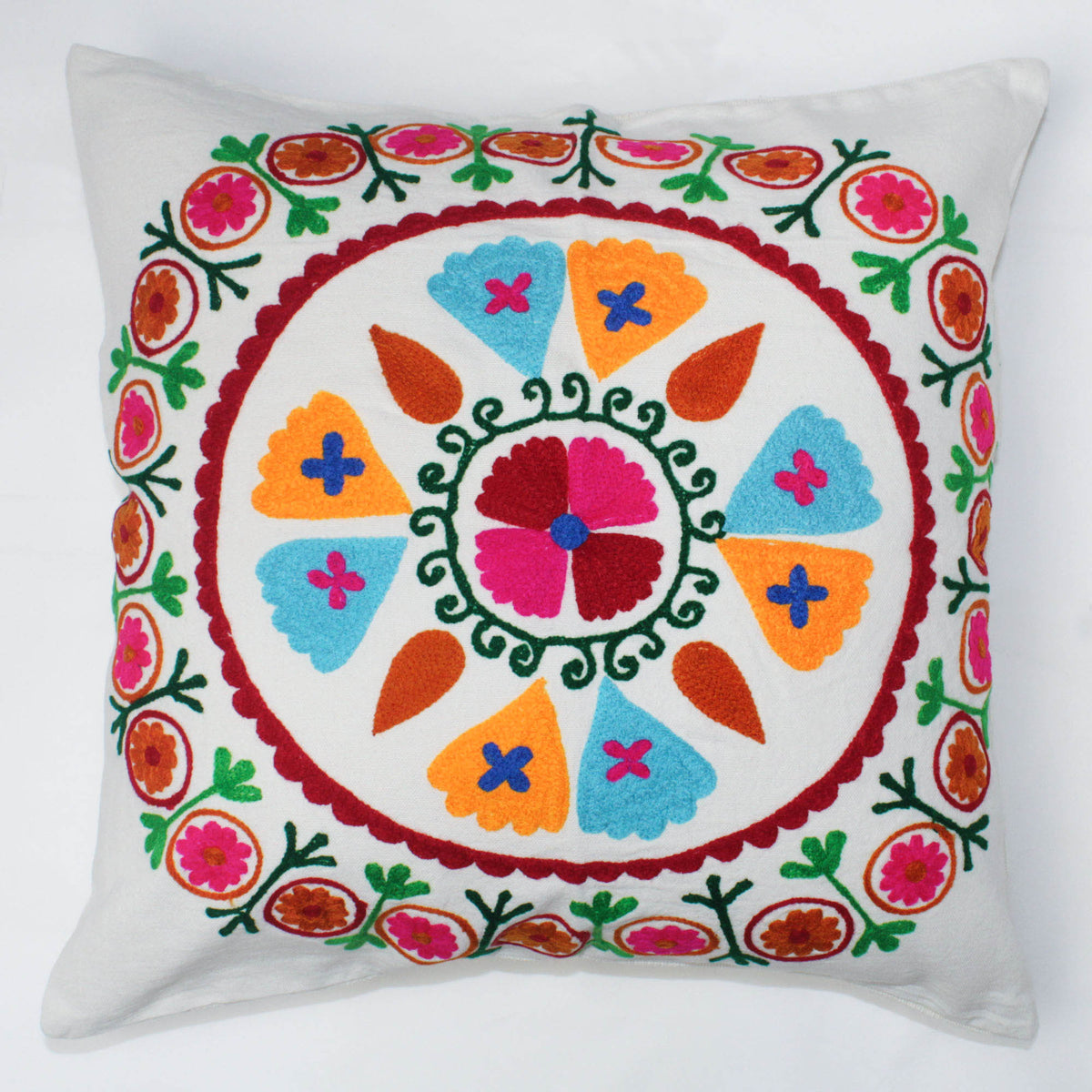 Suzani Woolen Embroidered Cotton Cushion Cover 18''- White