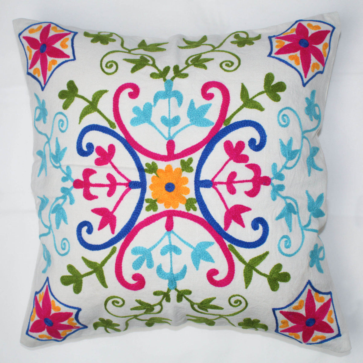 Suzani Woolen Embroidered Cotton Cushion Cover 18''- White