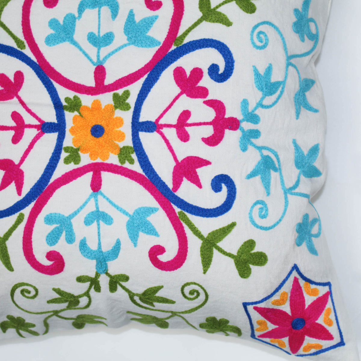 Suzani Woolen Embroidered Cotton Cushion Cover 18''- White