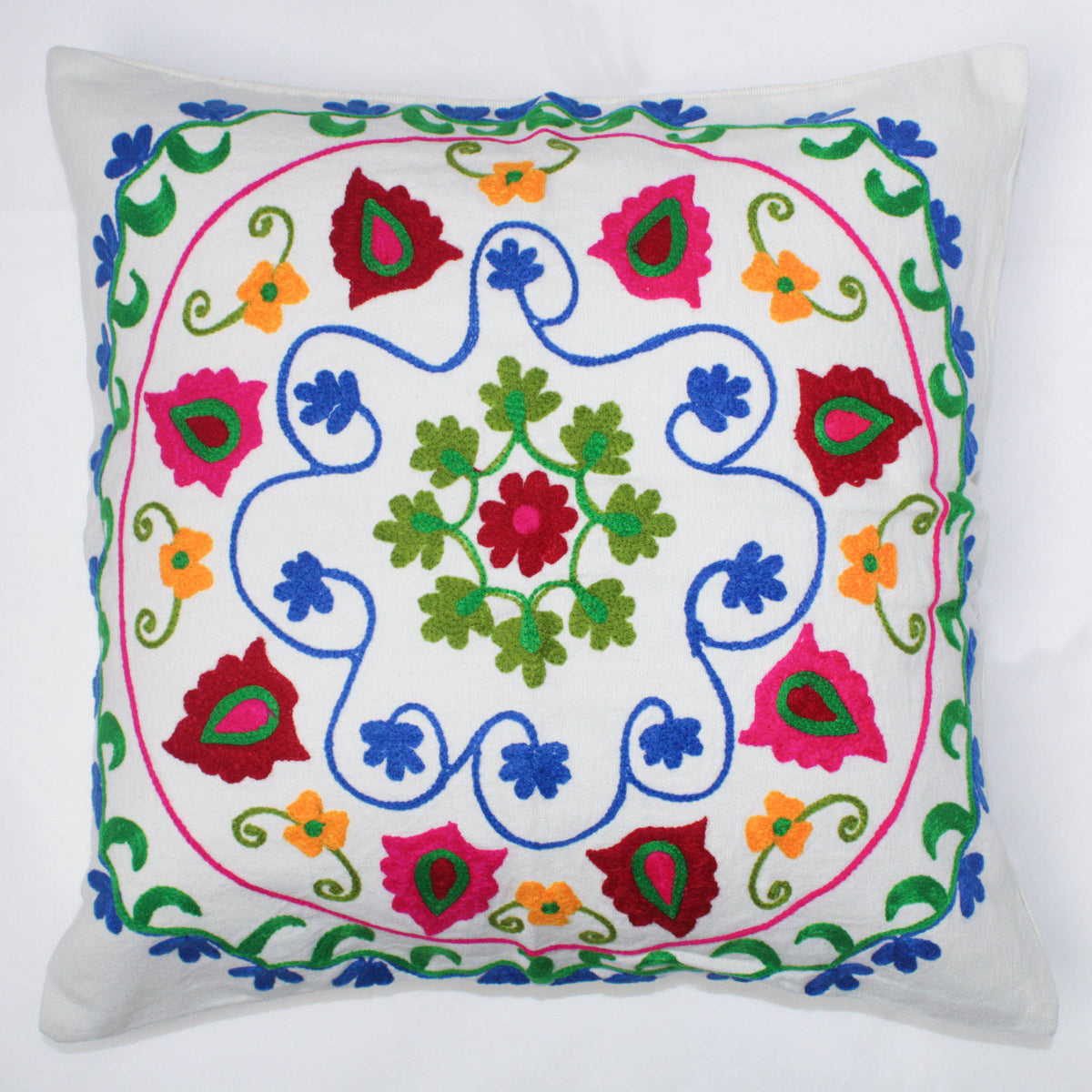 Suzani Woolen Embroidered Cotton Cushion Cover 18'' - White