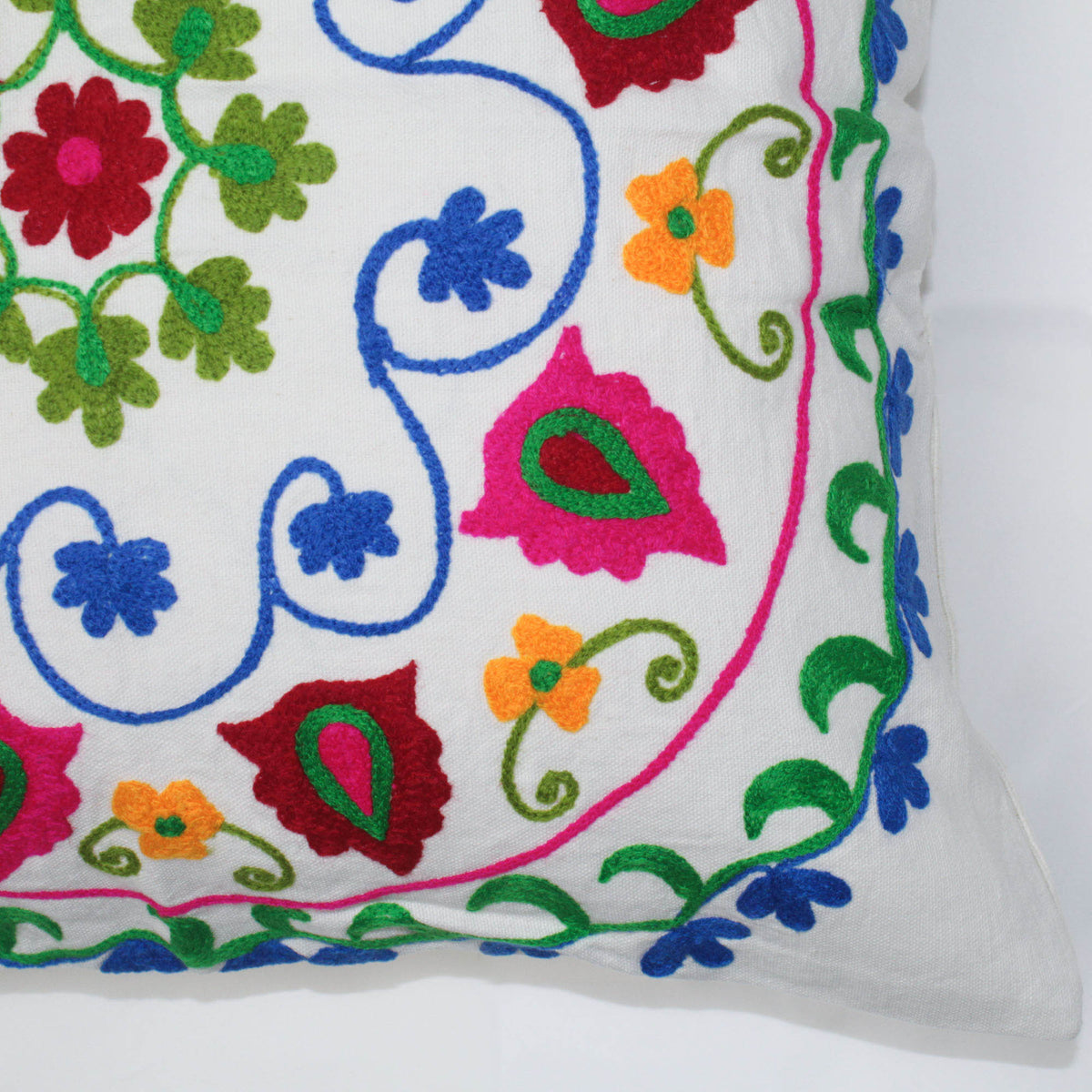 Suzani Woolen Embroidered Cotton Cushion Cover 18'' - White