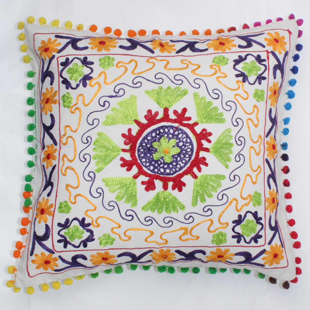 Suzani Woolen Embroidered Cotton Cushion Cover - White Green