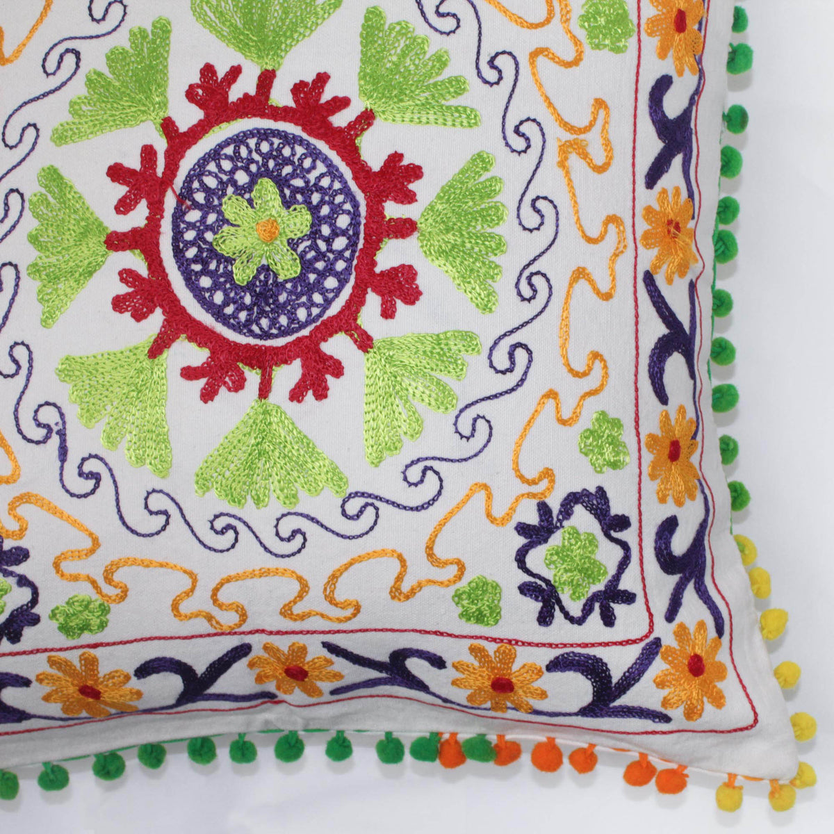Suzani Woolen Embroidered Cotton Cushion Cover - White Green