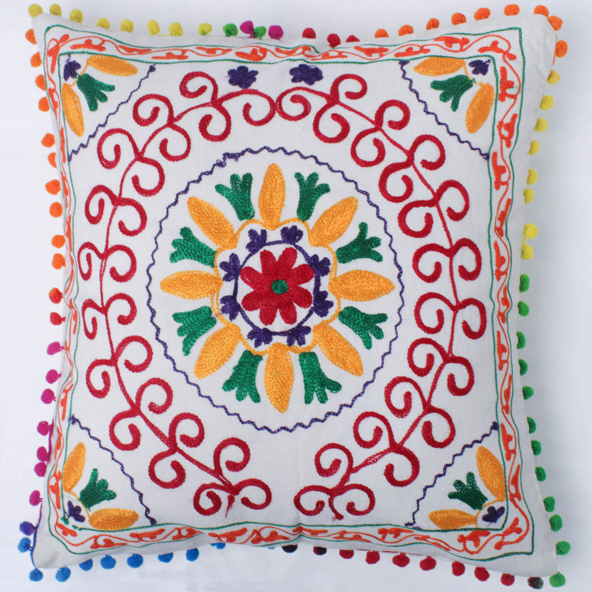 Suzani Woolen Embroidered Cotton Cushion Cover - White Multicolour