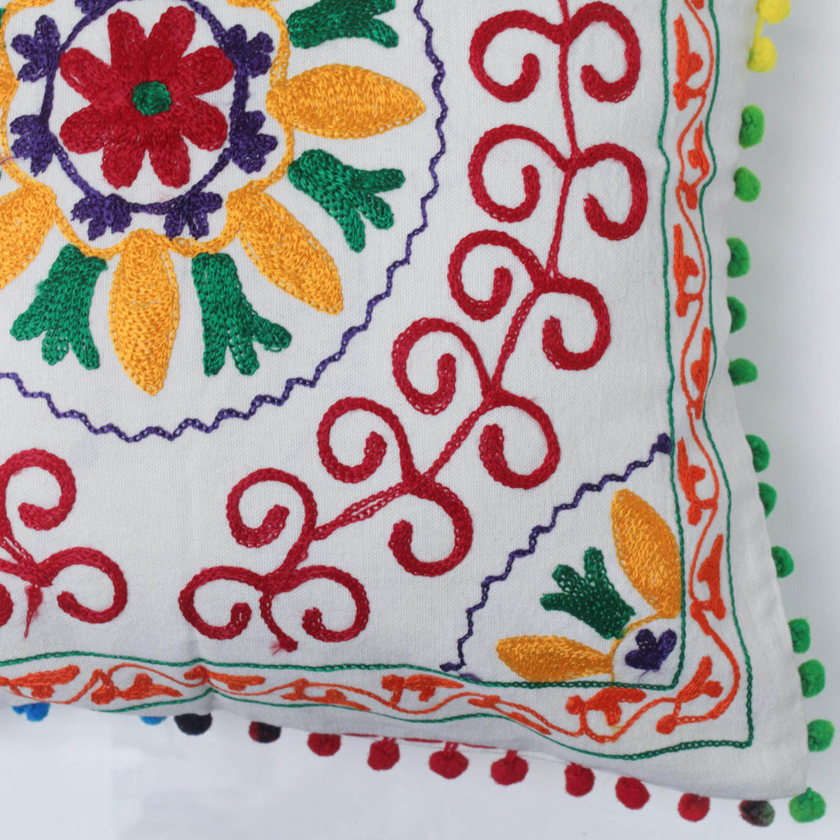Suzani Woolen Embroidered Cotton Cushion Cover - White Multicolour