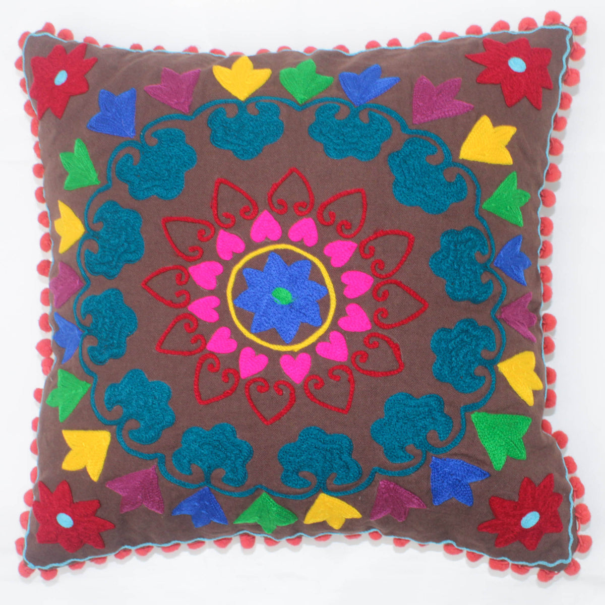 Suzani Woolen Embroidered Cotton Cushion Cover - Coffee Brown