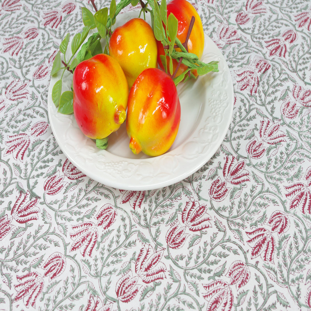 Block Printed Rectangle Tablecloth Table Cover - Lotus Jaal On White