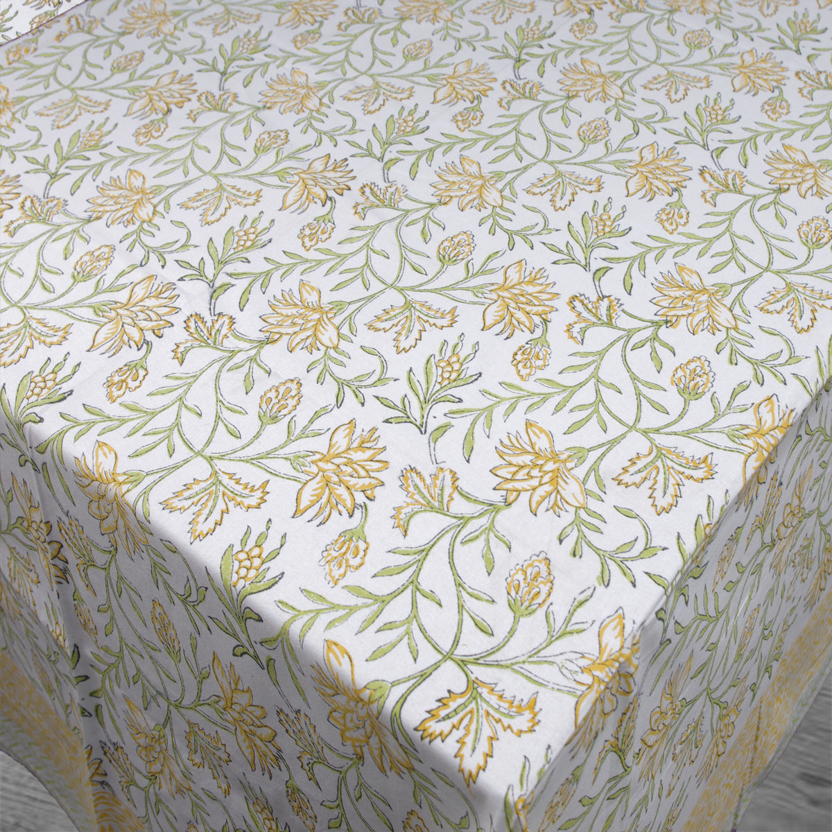Block Printed Rectangle Tablecloth Table Cover- Yellow & Green Floral