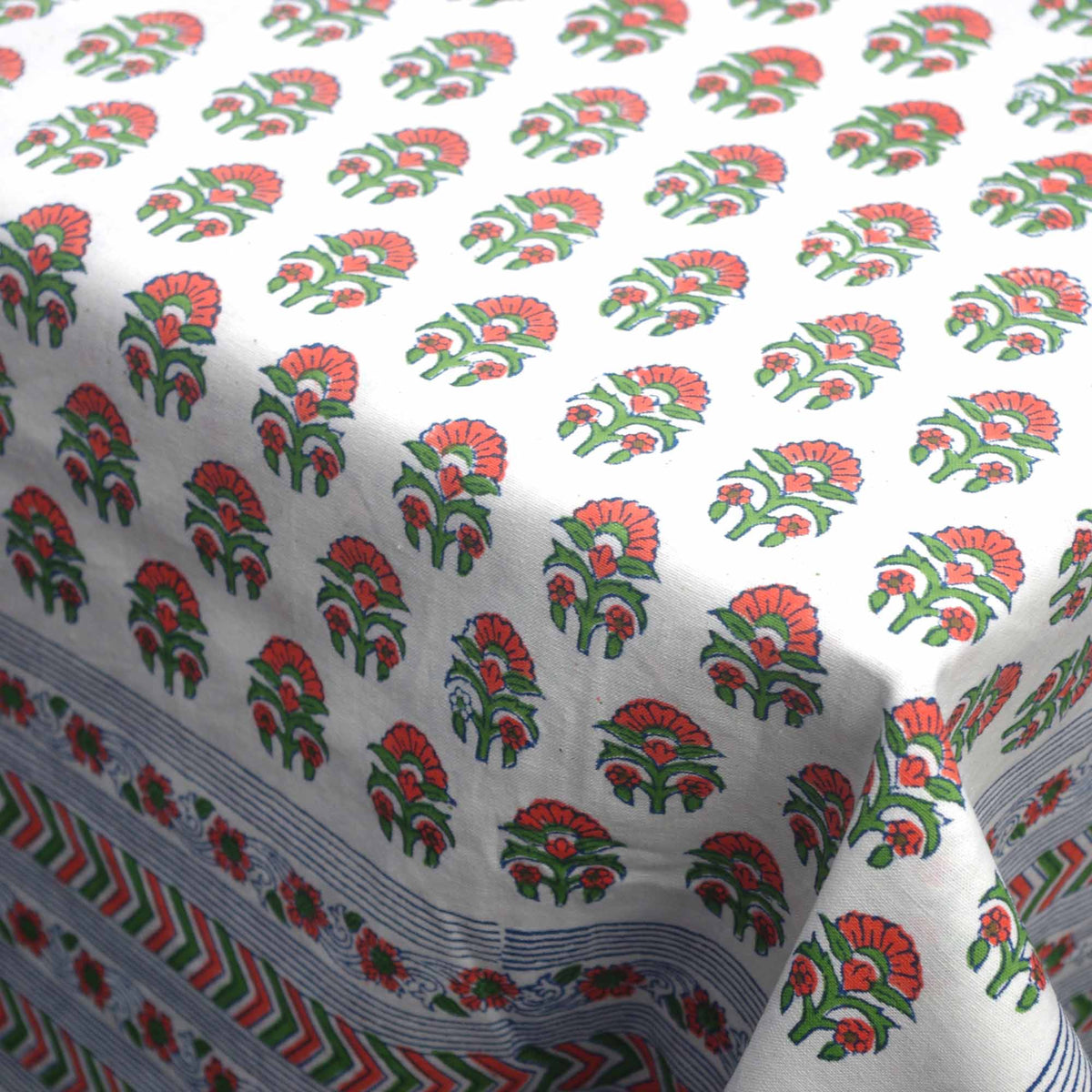 Block Printed Rectangle Tablecloth Table Cover - Red Motifs On White