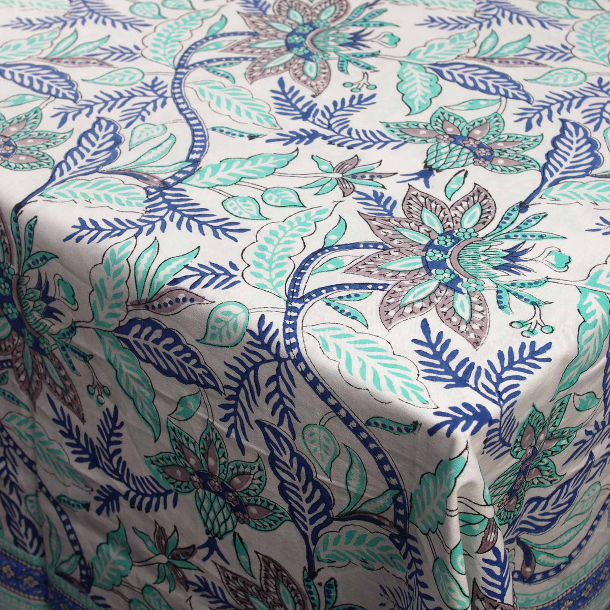 Block Printed Rectangle Tablecloth Table Cover - Green & Blue Floral