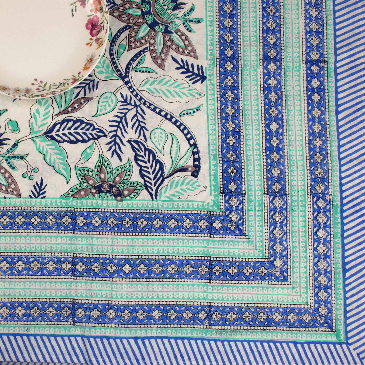 Block Printed Rectangle Tablecloth Table Cover - Green & Blue Floral