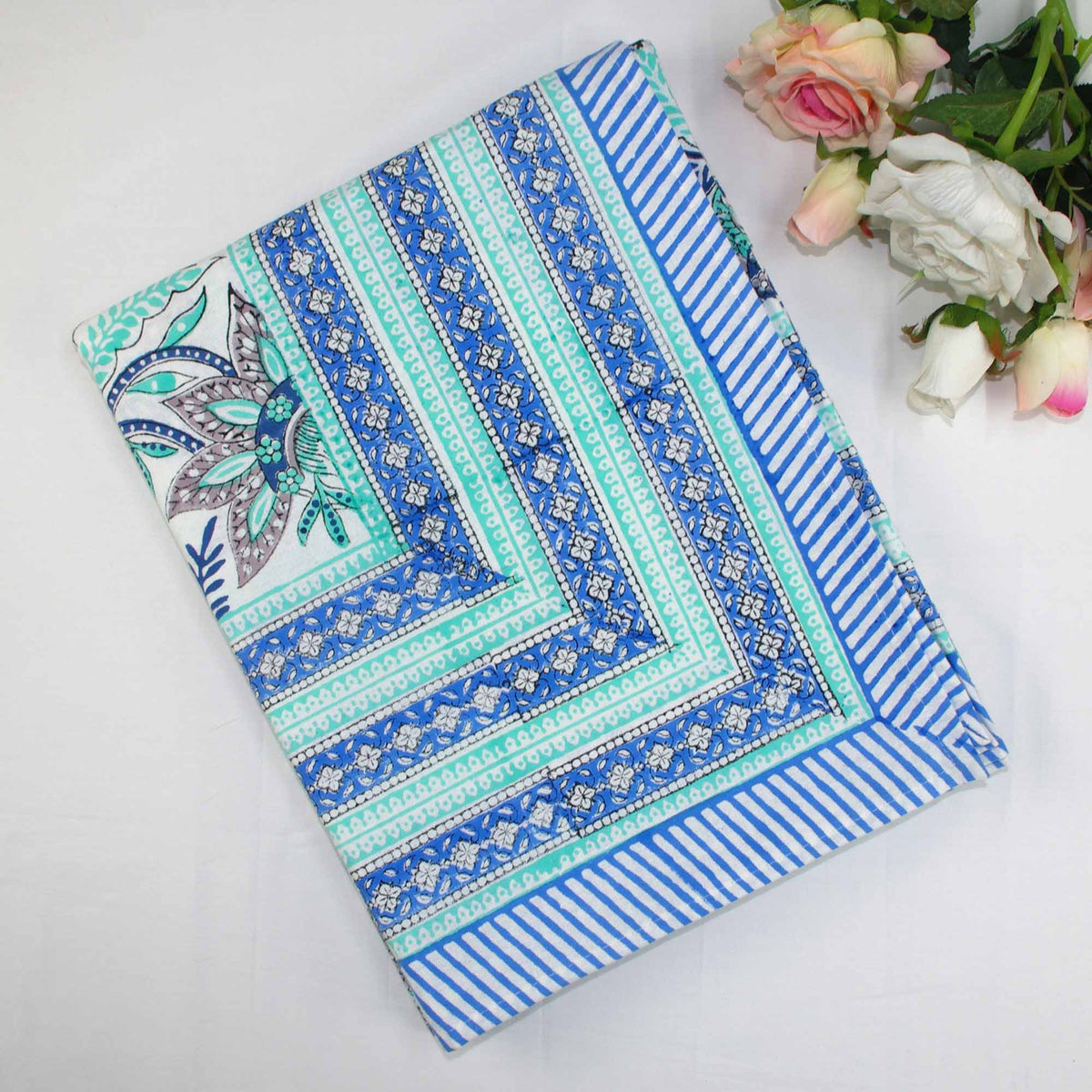 Block Printed Rectangle Tablecloth Table Cover - Green & Blue Floral