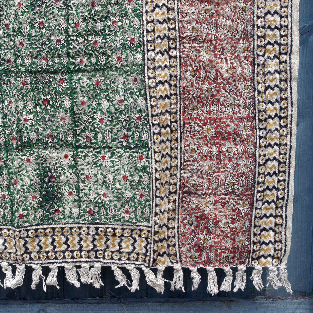 Handloom Mud Cloth Block Printed Cotton Sofa Throw With Tassels - Rust & Green