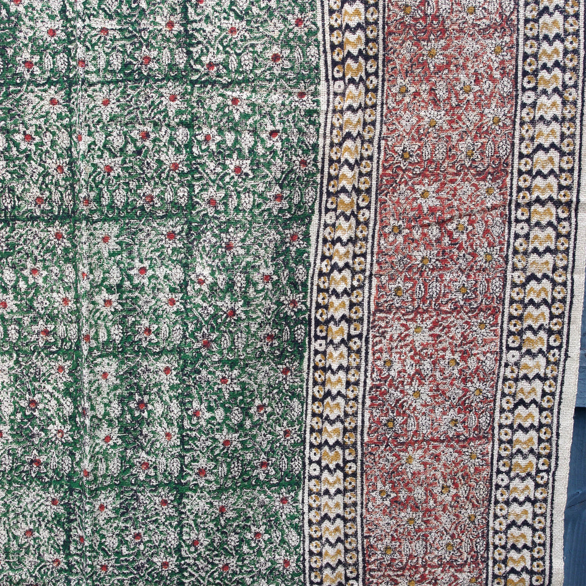 Handloom Mud Cloth Block Printed Cotton Sofa Throw With Tassels - Rust & Green