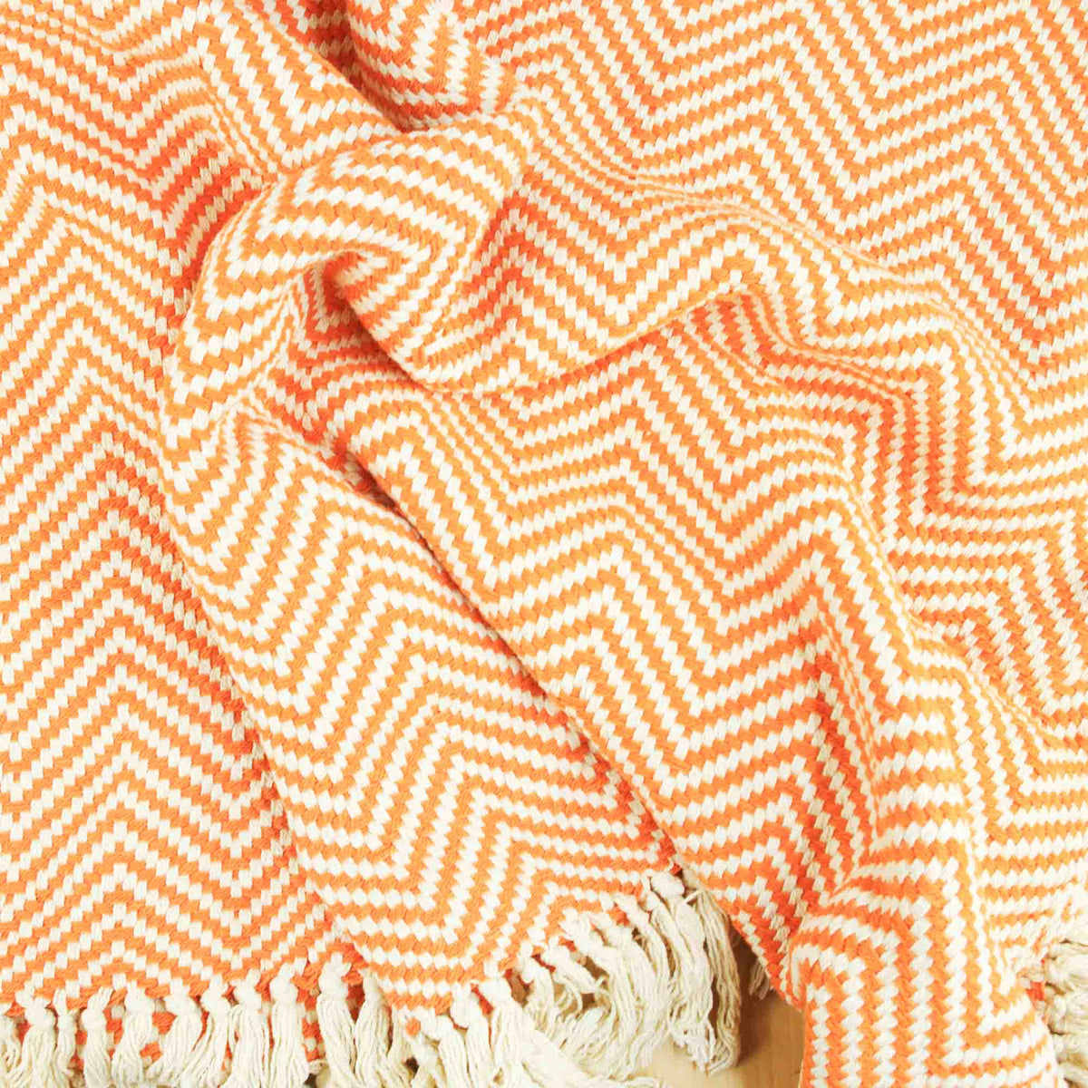 Soft Cotton Herringbone Throw With Fring - Orange & White Zig-Zag Lines