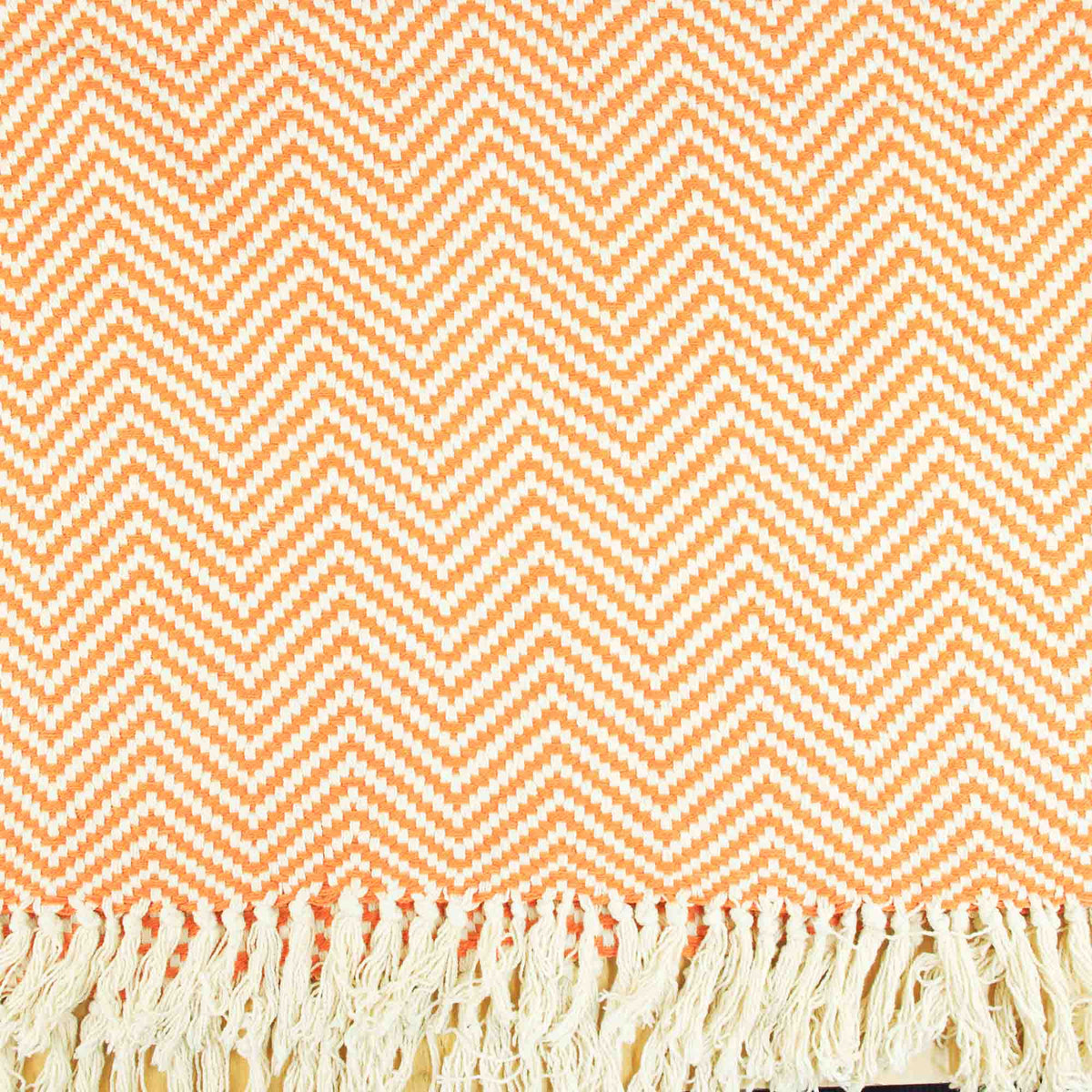 Soft Cotton Herringbone Throw With Fring - Orange & White Zig-Zag Lines
