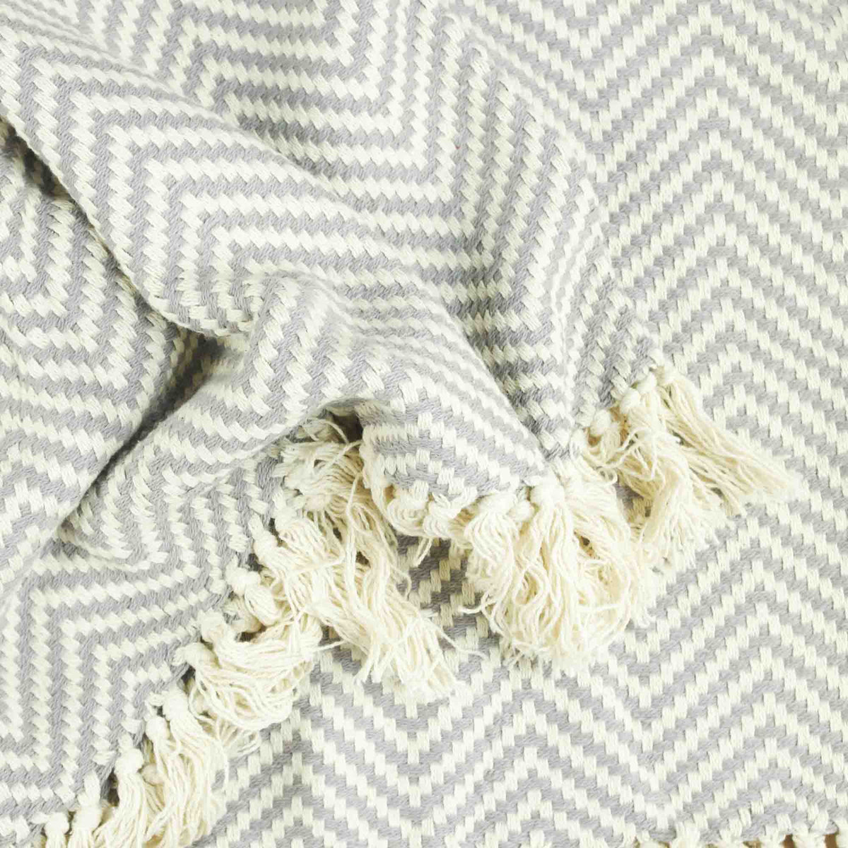 Soft Cotton Herringbone Throw With Fring - Light Grey & White Zig-Zag Lines