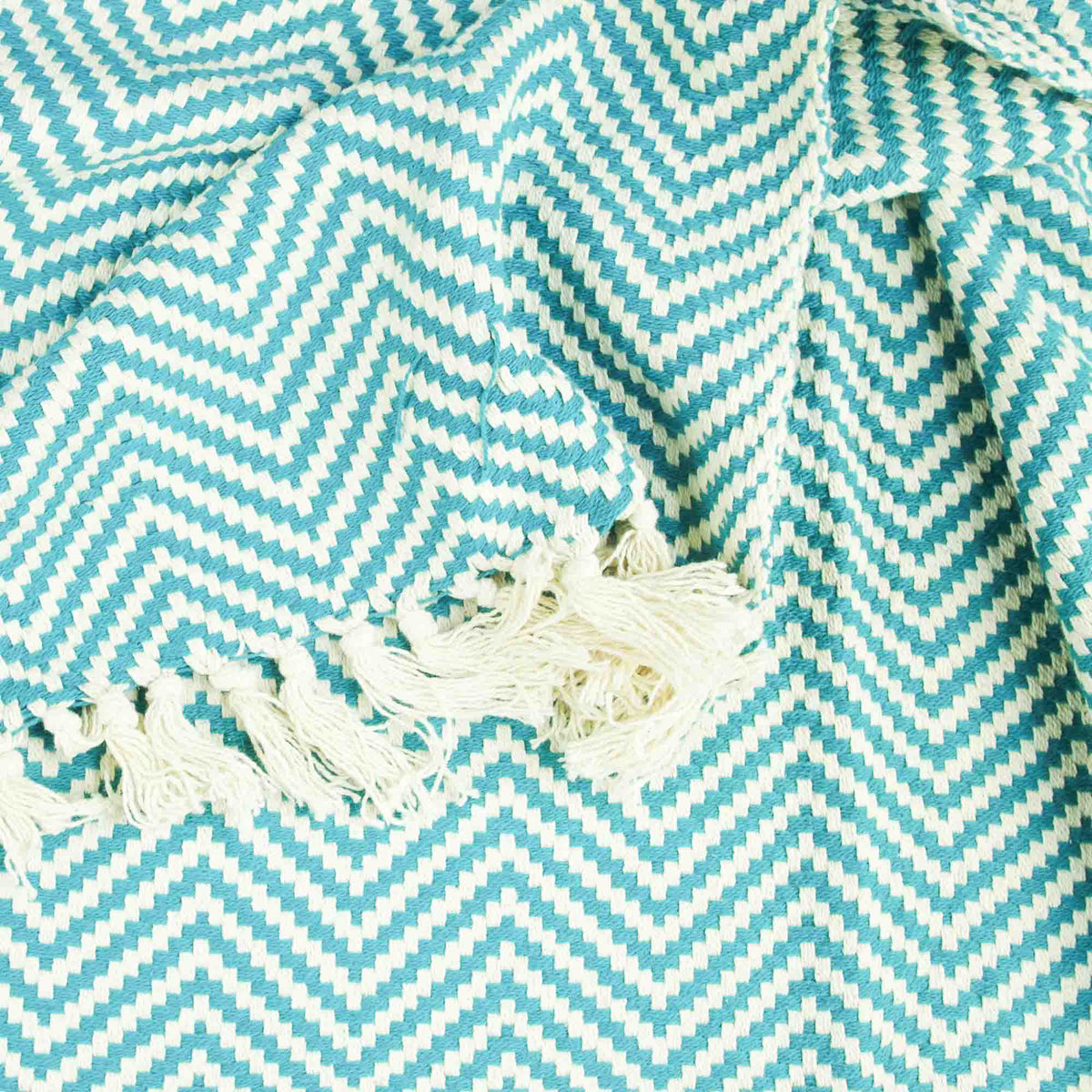 Soft Cotton Herringbone Throw With Fring - Teal Blue & White Zig-Zag Lines