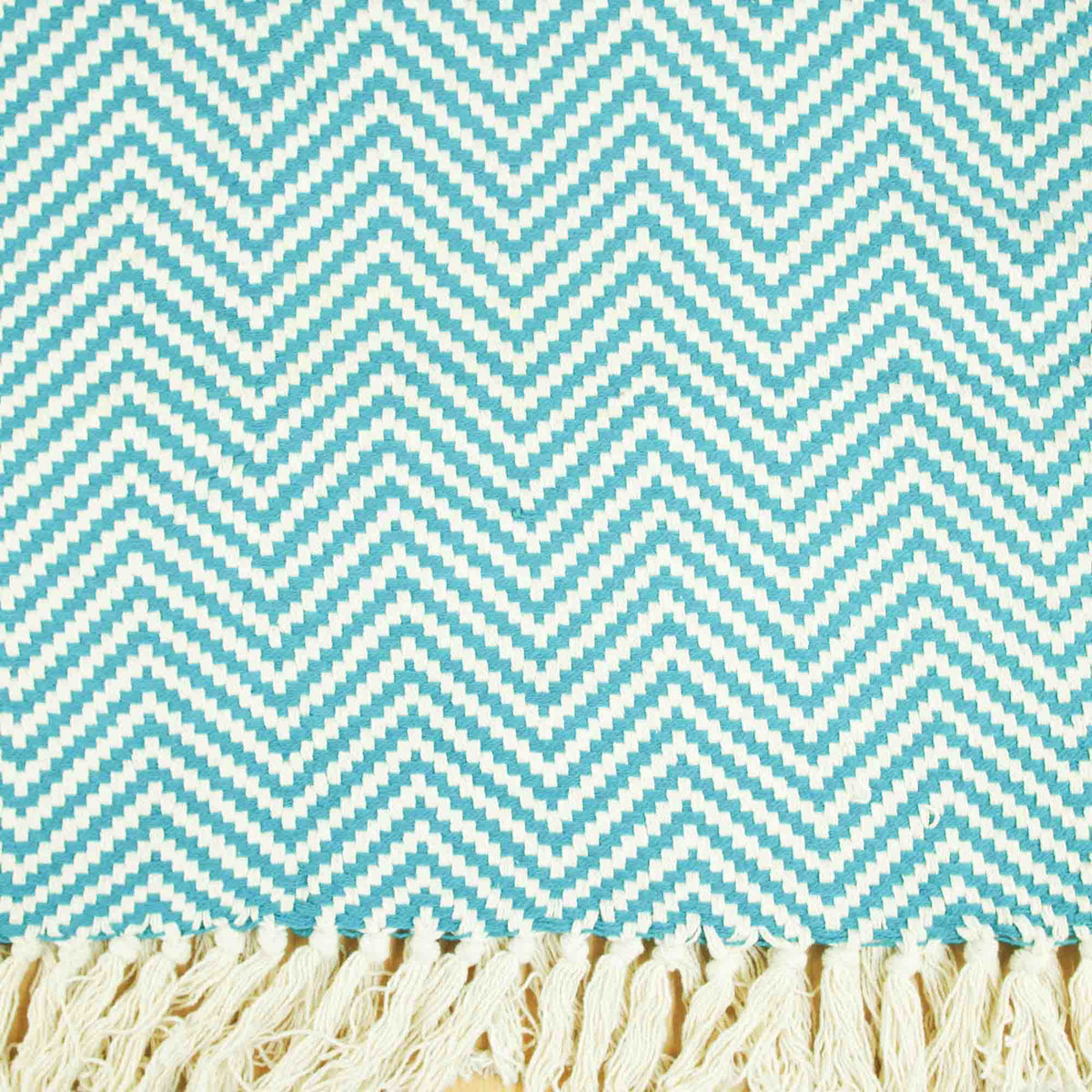 Soft Cotton Herringbone Throw With Fring - Teal Blue & White Zig-Zag Lines