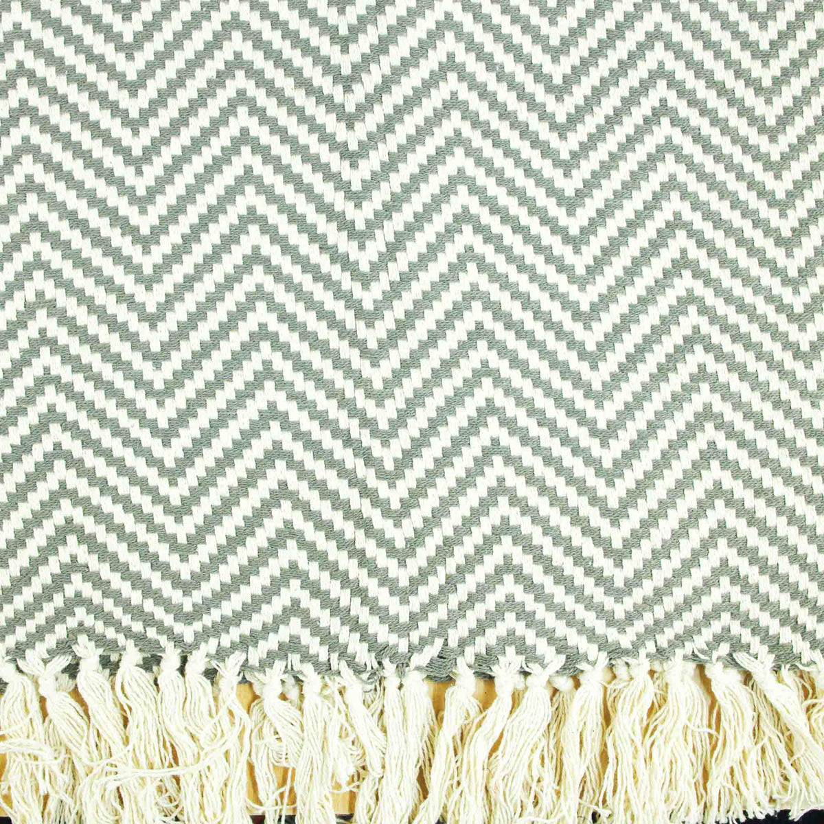 Soft Cotton Herringbone Throw With Fring - Dark Grey & White Zig-Zag Lines