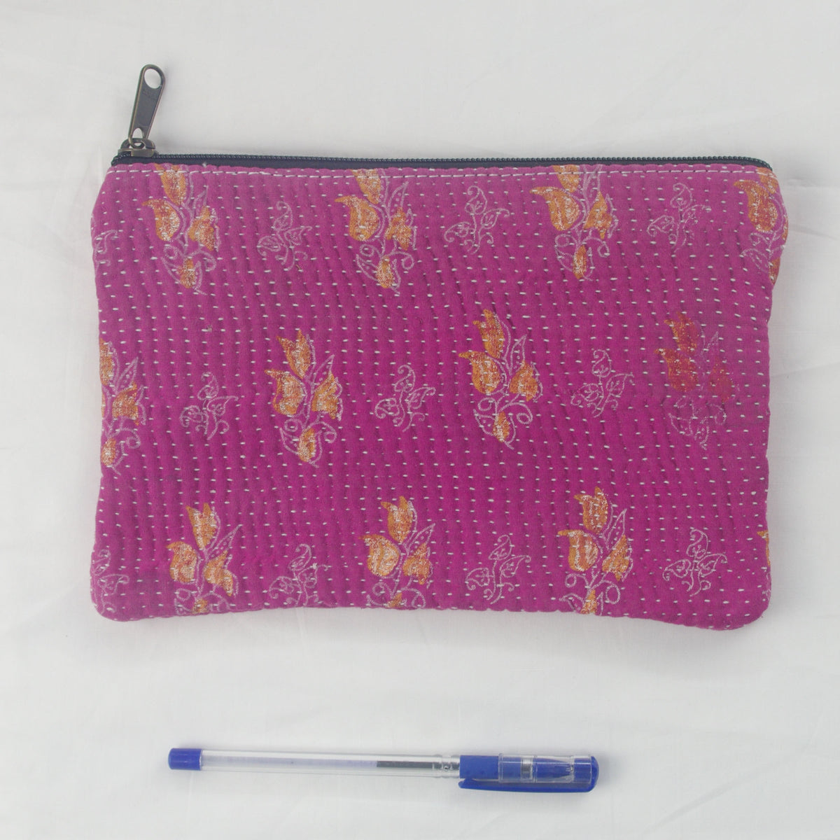 Vintage Kantha Pouch, Cosmetic Bag - Pink Floral