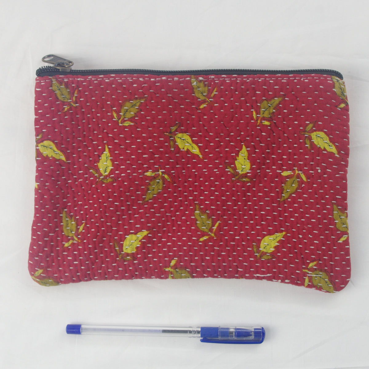 Vintage Kantha Pouch, Cosmetic Bag - Red Yellow Leaves