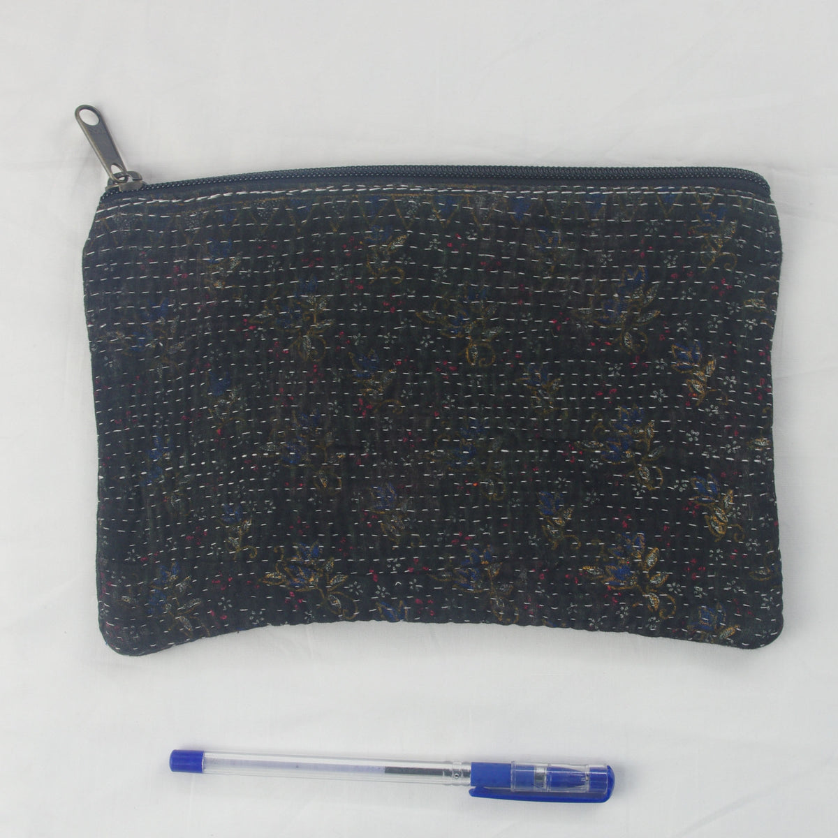 Vintage Kantha Pouch, Cosmetic Bag - Black