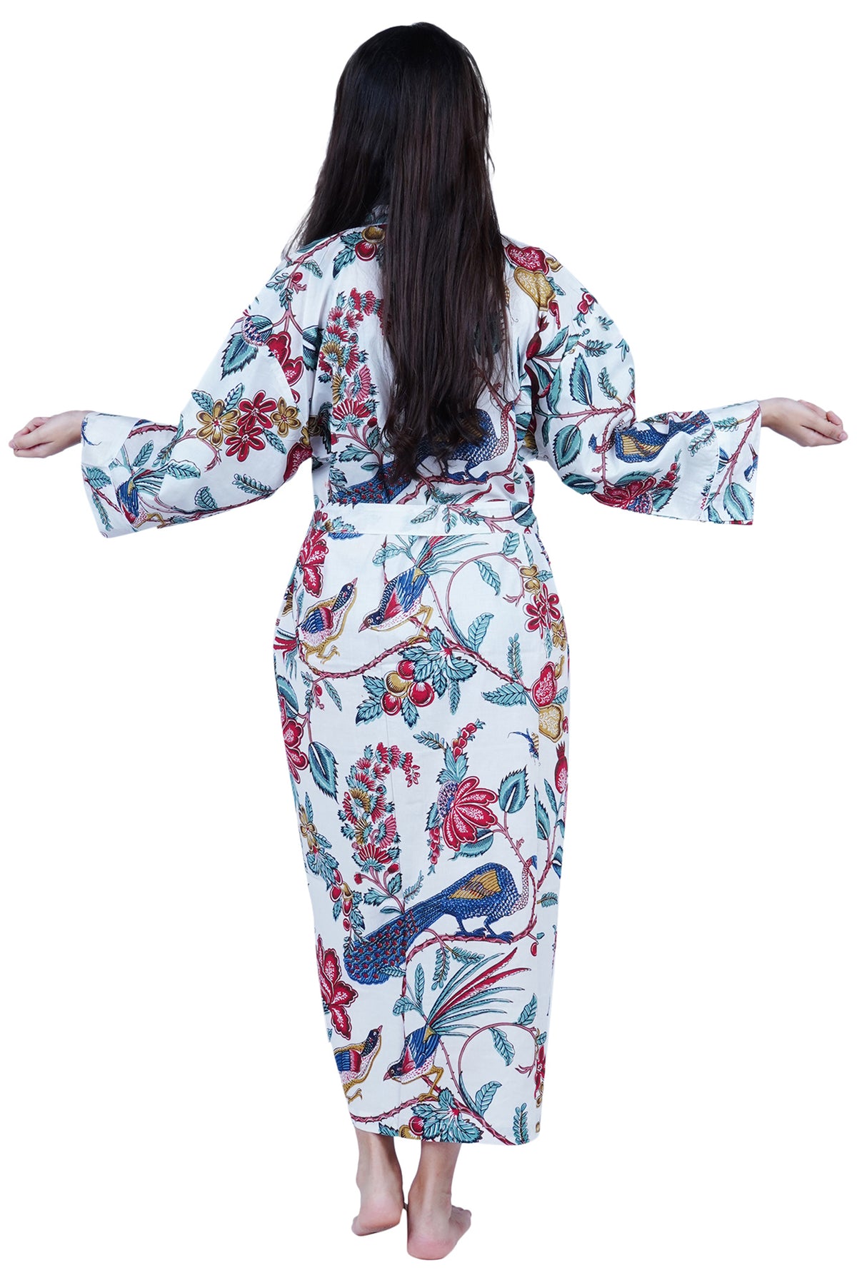 Kimono-Morgenmantel aus Baumwolle mit tropischen Vögeln und Früchten auf weißer Basis