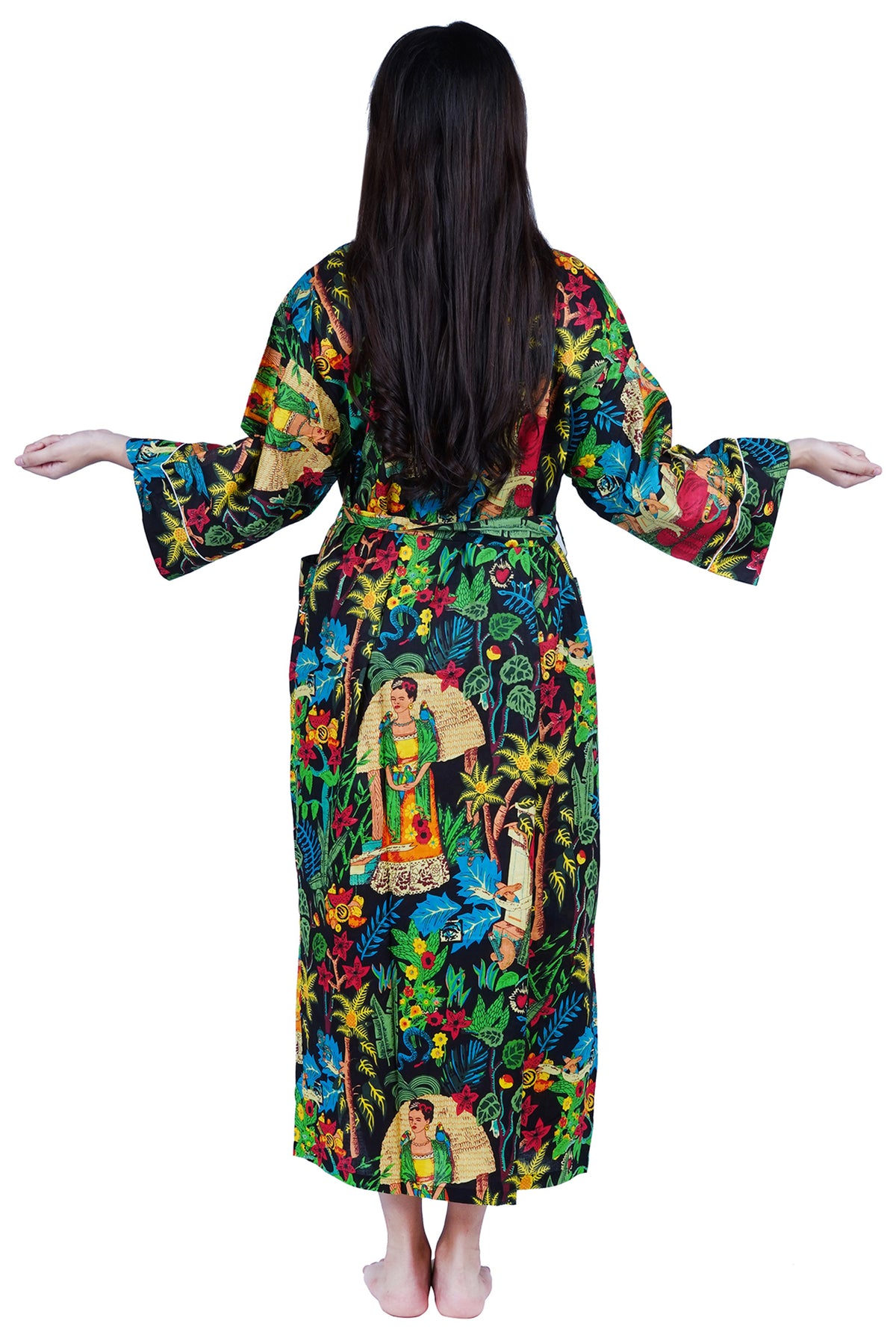 Schwarzer Frida Kahlo Kimono-Bademantel aus Baumwolle mit Blumendruck