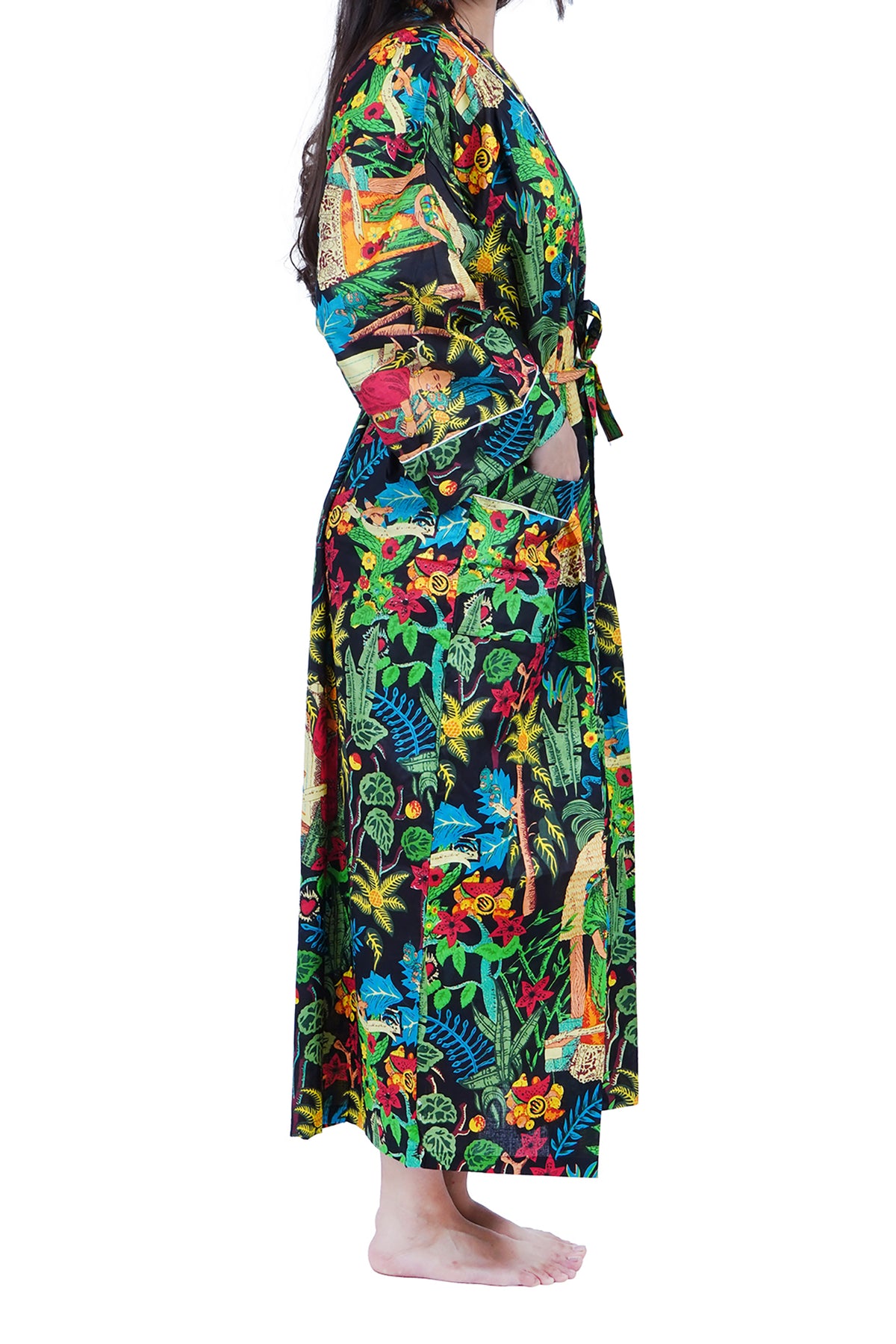 Schwarzer Frida Kahlo Kimono-Bademantel aus Baumwolle mit Blumendruck