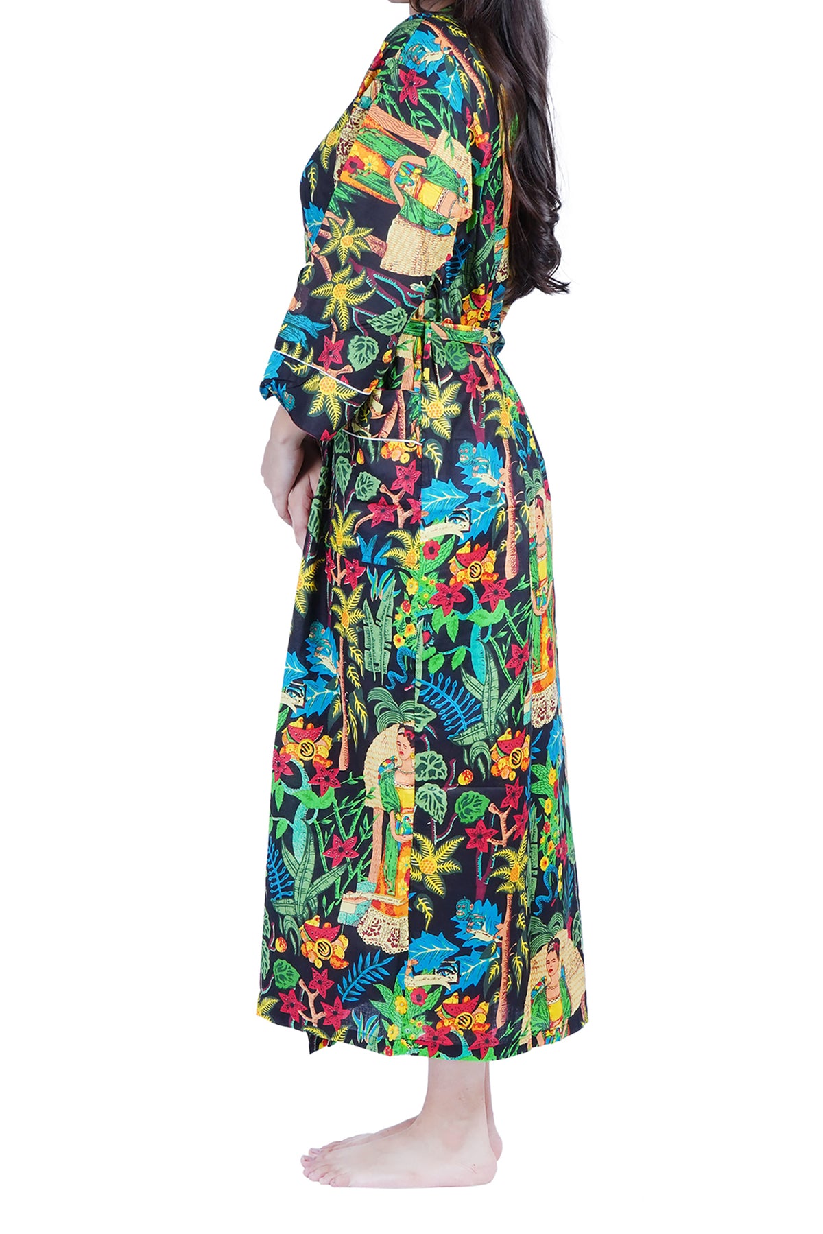 Schwarzer Frida Kahlo Kimono-Bademantel aus Baumwolle mit Blumendruck