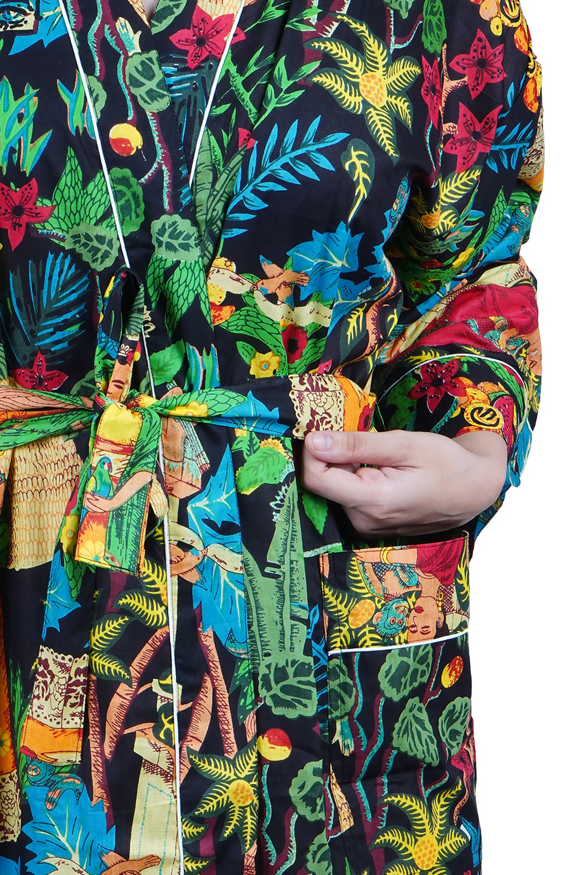 Schwarzer Frida Kahlo Kimono-Bademantel aus Baumwolle mit Blumendruck